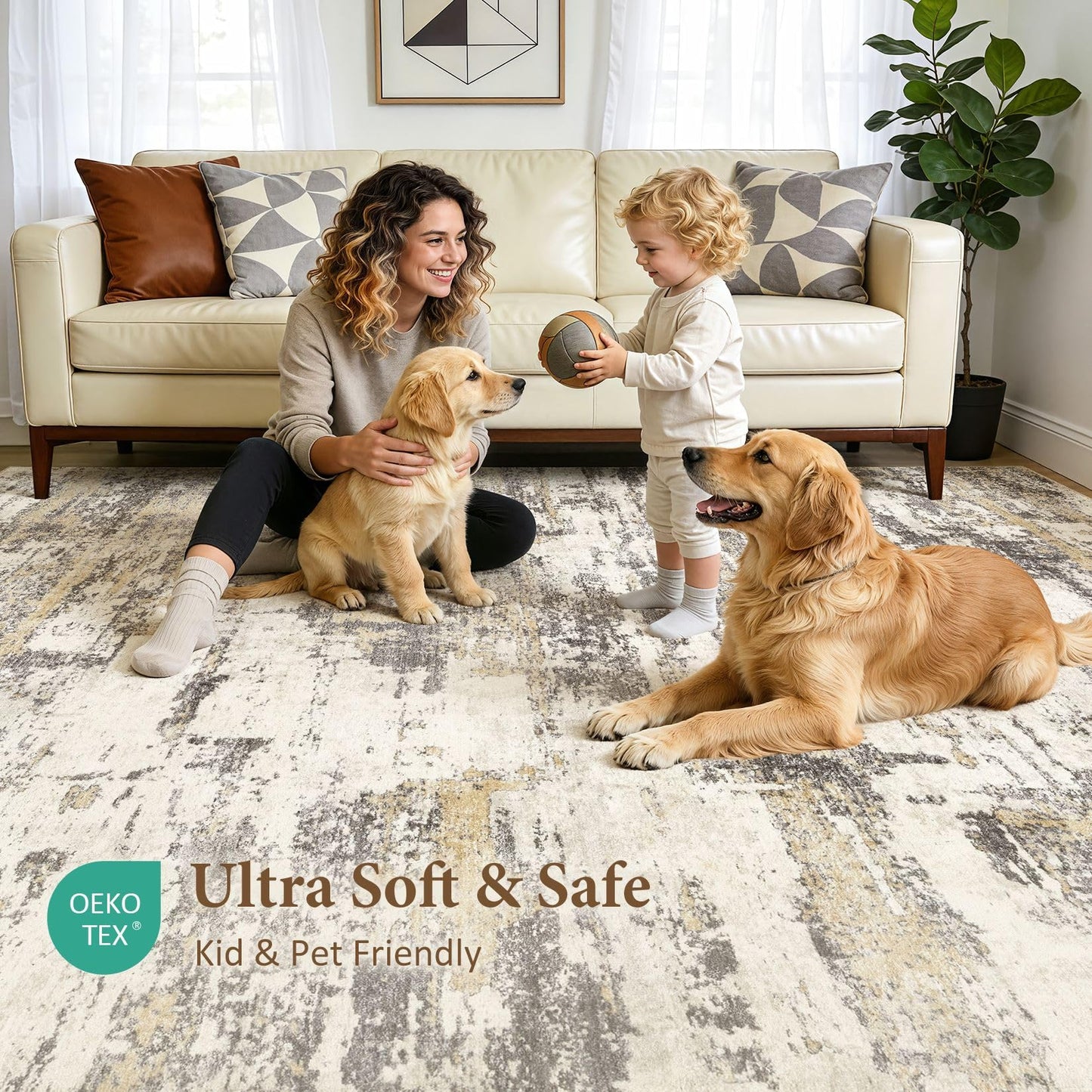 Area Rugs for Living Room: 5x7 Abstract Washable Rug Modern Neutral Large Soft Stain Resistant Non-Slip Backing Machine Table for Bedroom Dining Room Indoor Home Office Carpet - Gold Brown
