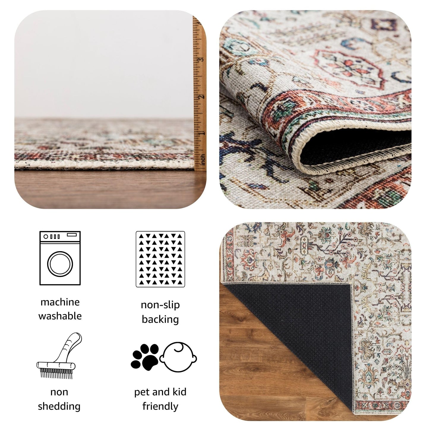 Keen Home Design 3x5 Rug - Machine Washable Entry Rug with Non-Slip Backing, Ideal for Enteryway, Kitchen, Bathroom, Laundry Room - Vintage, Easy Clean, Durable, Low Pile Rug - (3' x 5')