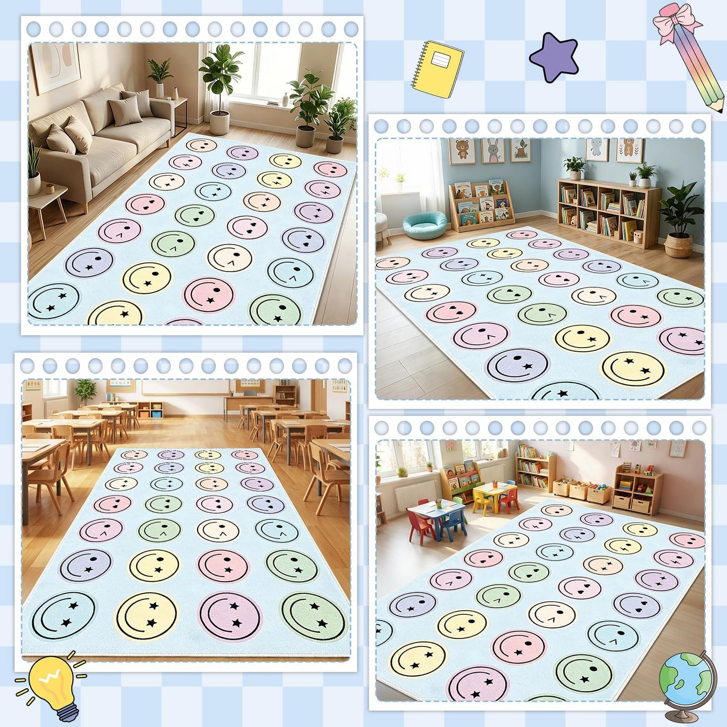 7.6x12 ft Large Smile Face Classroom Rug Happy Face Educational Area Mat Smile Faces Blue & Multicolor Play Carpet Back to School Learning Mat for Preschool Playroom Nursery Kindergarten(Blue)