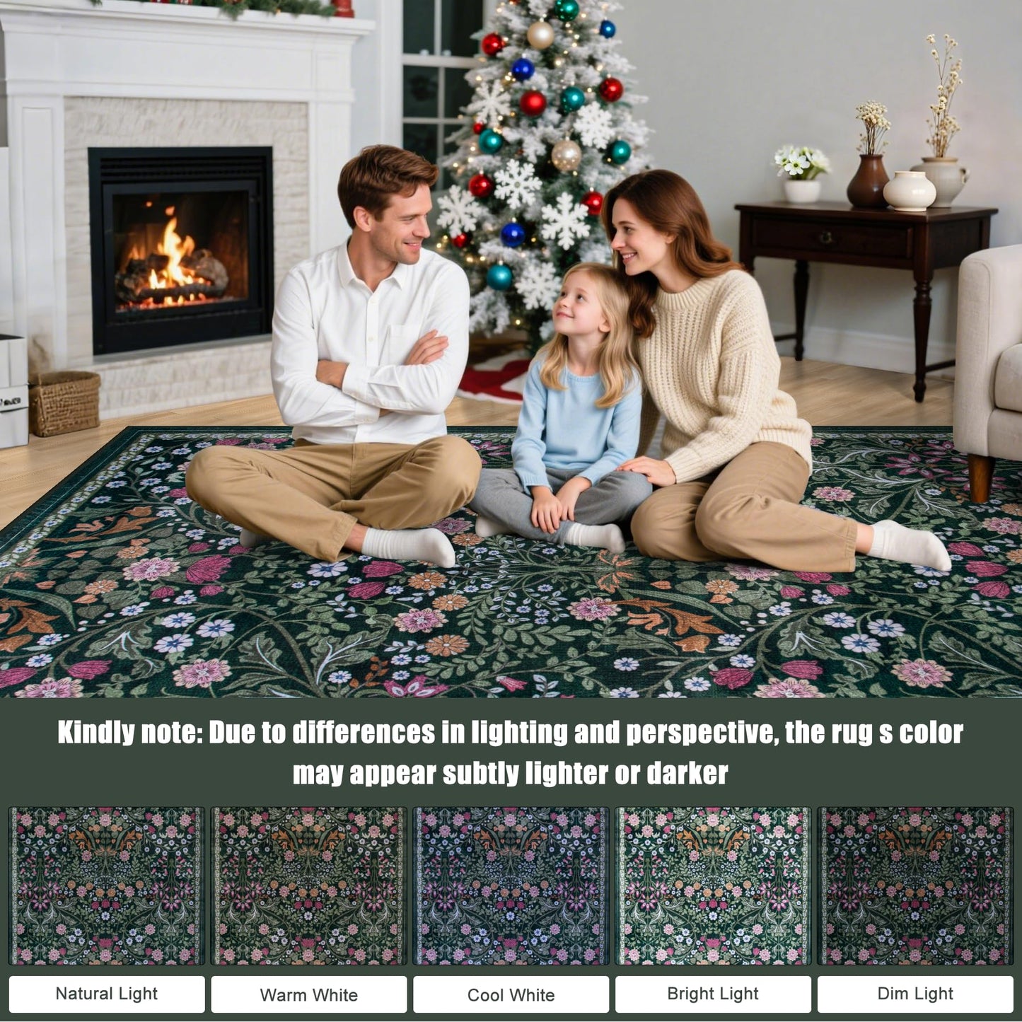 Round Area Rug for Living Room: 6 ft Floral Washable Circle Rug Soft Boho Non-Slip Carpet Indoor Stain Resistant Low Pile Small Circular Rug for Bedroom Entryway Kitchen Nursery Home Office Dark Green