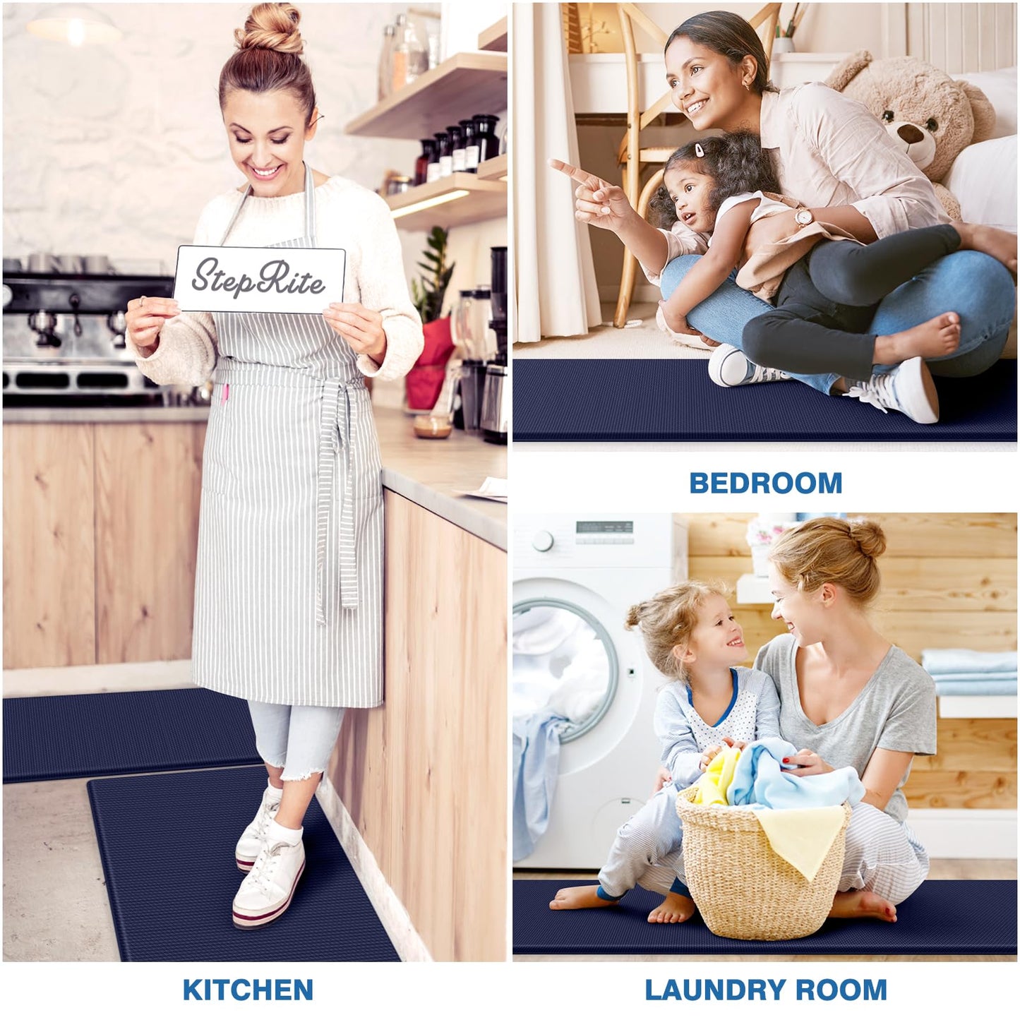 StepRite Kitchen Mats, 2PCS Kitchen Rugs, Cushioned Anti Fatigue Kitchen Mats for Floor, Non-Slip Standing Desk Mat, Waterproof Kitchen Rug Set for Kitchen, Floor, Office, 17.3"x30"+17.3"x47", Blue
