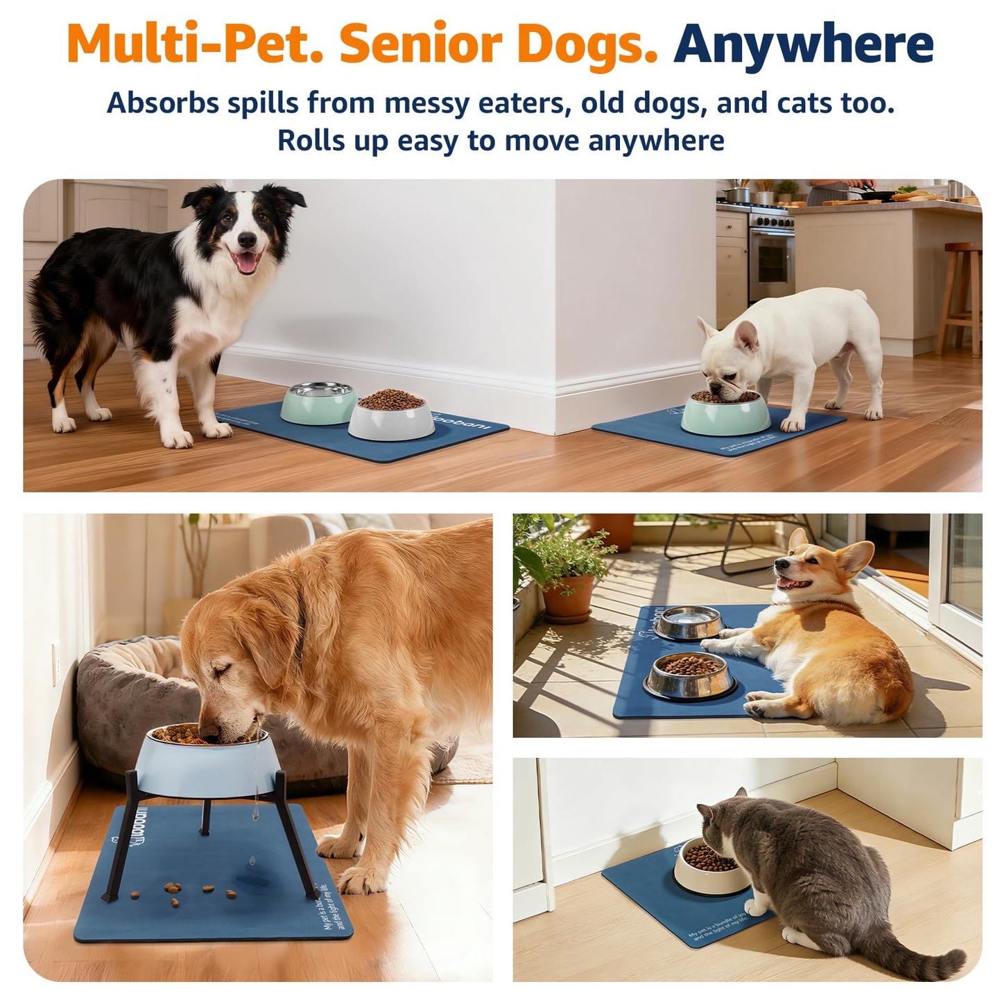 LOOBANI Dog Food Mat for Floors Waterproof 17.3"x17.3"- Absorbent Dog Bowl Mat for Food and Water Bowl, Leakproof Rubber Backing, Dog Feeding Mat for Dog, Cat, Pet (17.3"x17.3", Dark Blue)