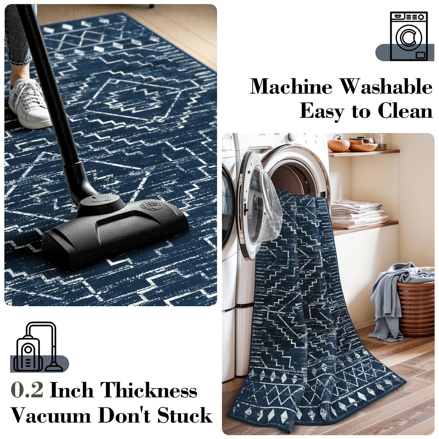 Wonnitar Moroccan Bathroom Rug,Washable 2x3 Small Bath Mat, Boho Tribal Soft Kitchen Sink Mat, Non-Slip Geometric Entry Way Rug, Low-Pile Indoor Carpet for Bedside Entrance Laundry (Blue,2'x3')