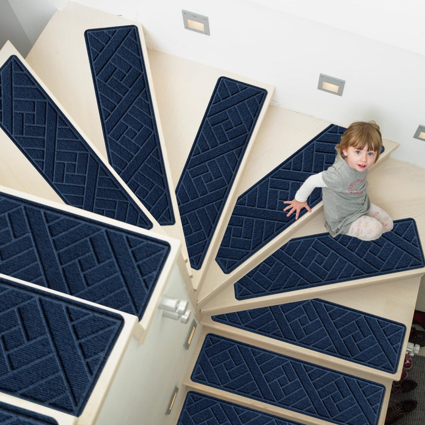 OXKVPVF Non-Slip Carpet Stair Treads for Indoor Wooden Steps, Made of Polyester and Reusable Adhesive, Suitable for Kids Elders and Pets of 15 Pack 8 "X 30" （Navy Lines）