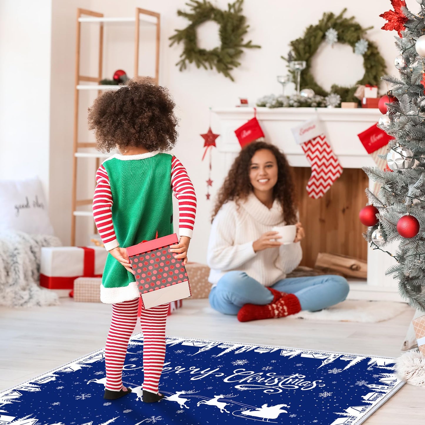 Dunzy Christmas Rug 5 x 7 ft Blue Snowflakes Merry Christmas Area Washable Rug Winter Village Xmas Non Slip Soft Indoor Decor for Kitchen Entryway Bathroom Bedroom Laundry Room