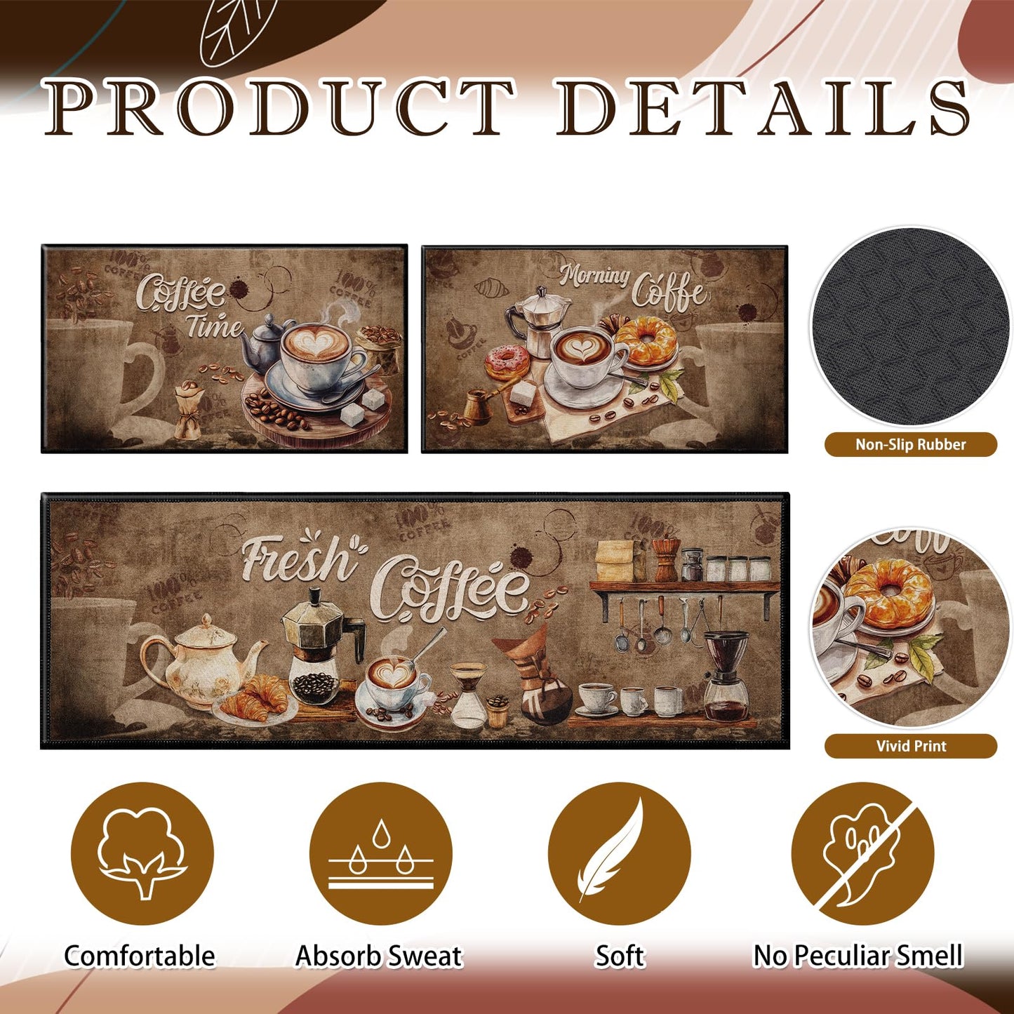 InIsaJace Coffee Rugs for Kitchen Floor, Kitchen Mats for Floor 3 Pieces Non-Slip, Absorbent Washable Runner Rugs Farmhouse Style Kitchen Bar Mat(16x28 +16x47)