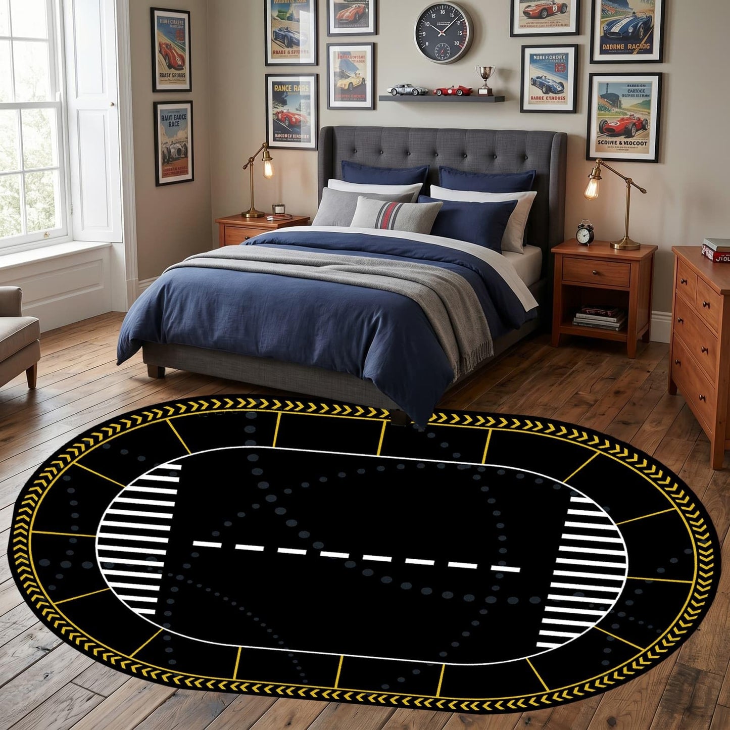 ZLXMN Washable Oval Race Track Rug for Kids Room, 3x4ft, Non-Slip Low Pile Car Road Play Mat for Boys Bedroom, Pet-Friendly Playroom Floor Carpet Decor Indoor Area Rugs