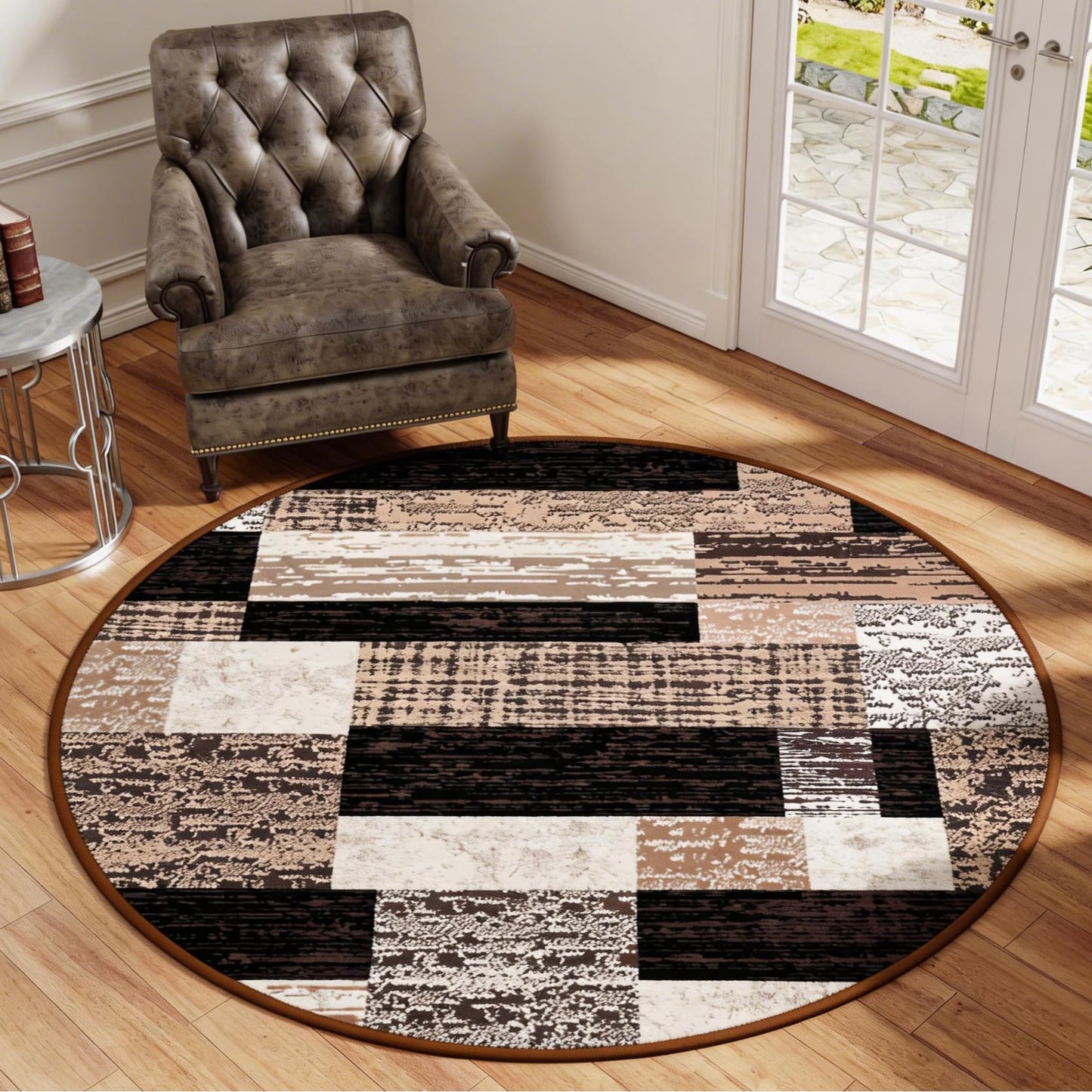 FlyDOIT Modern Round Area Rug for Living Room, 4Ft Washable Round Rug Chocolate Geometric Patchwork Circle Rugs for Dining Room Table, Small Circular Floor Carpet for Bedroom Home Office