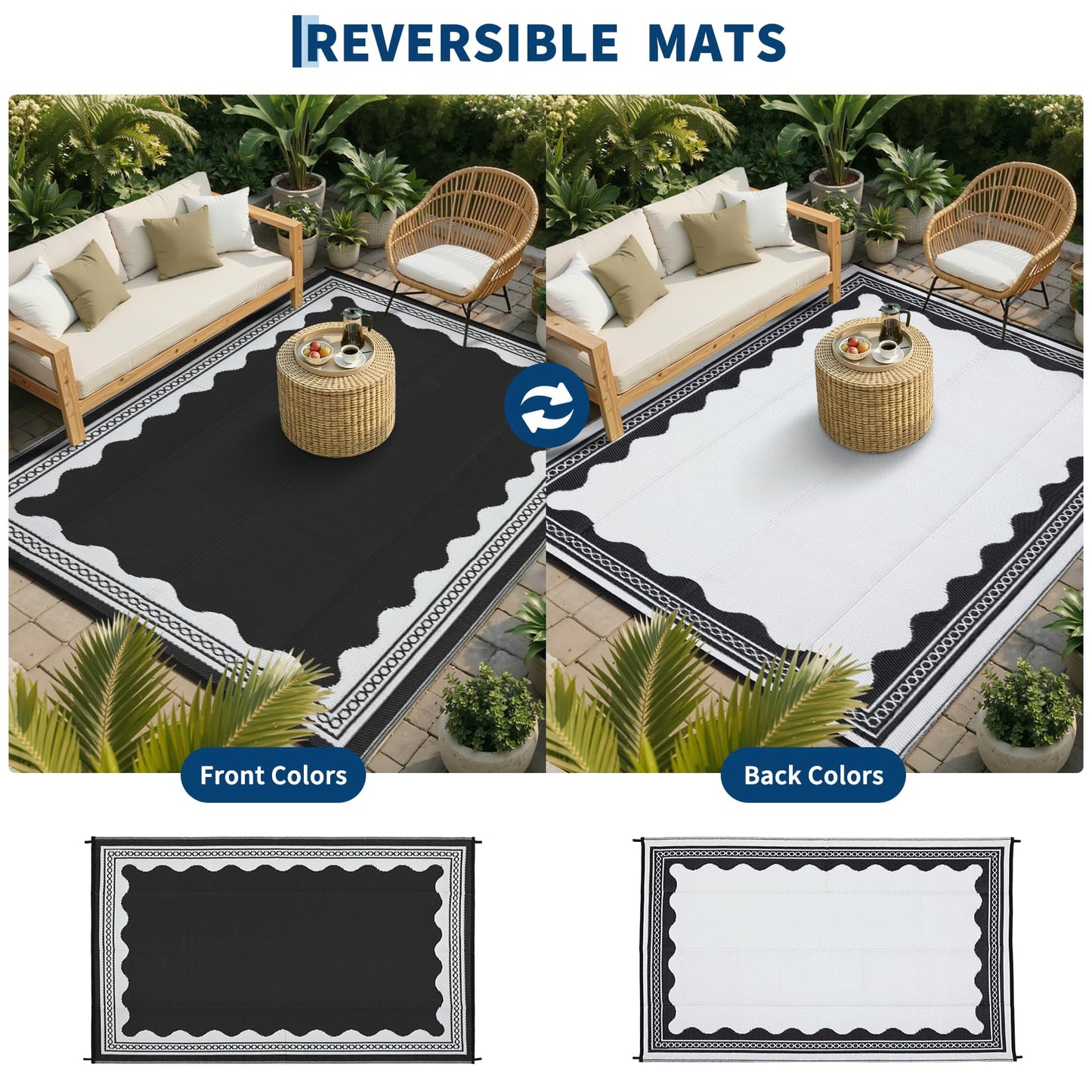 Garvee Outdoor Rug 8x10 Scalloped Waterproof Patio RV Outdoor Rugs Reversible Foldable Plastic Straw Rug Modern Camping Carpet for Deck Camper Porch Balcony Backyard Picnic Beach Black and White