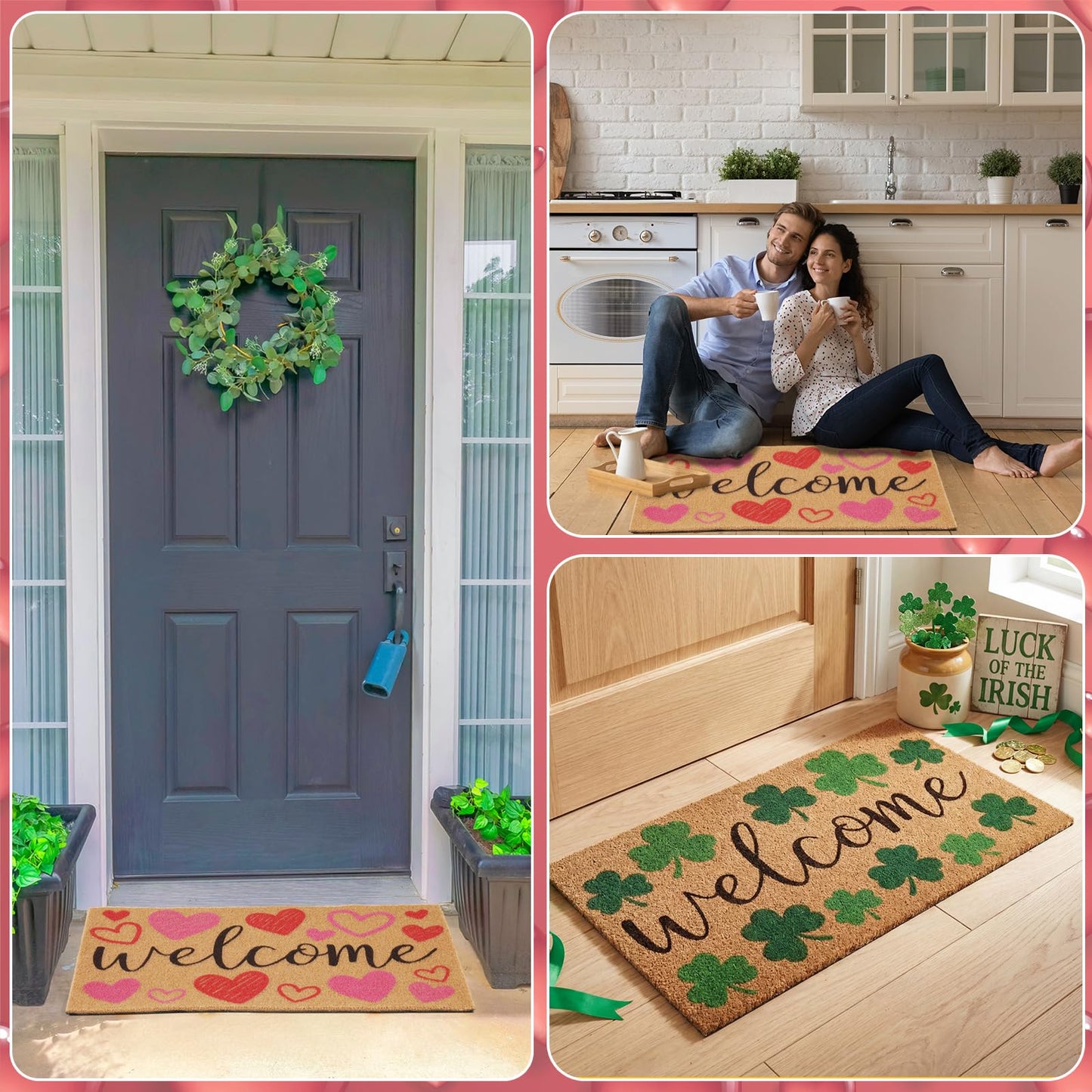 Dunzy 2 Pcs Valentine's Day Welcome Doormat Red Heart and Green Shamrock Coir Door Mat, St. Patrick's Day 16.5" x 29.5" Non-Slip Doormats for Indoor, Outdoor Rug, Porches, Kitchens, Bathrooms