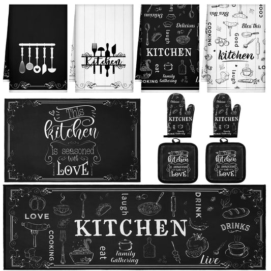 Fourluoo 10 Pcs Farmhouse Kitchen Decor Sets 4 Kitchen Dish Towels 2 Vintage Pot Holders 2 Oven Mitts Glove 2 Rustic Non Slip Rugs and Mats for Floor Home Decorations Accessories Mom Gifts