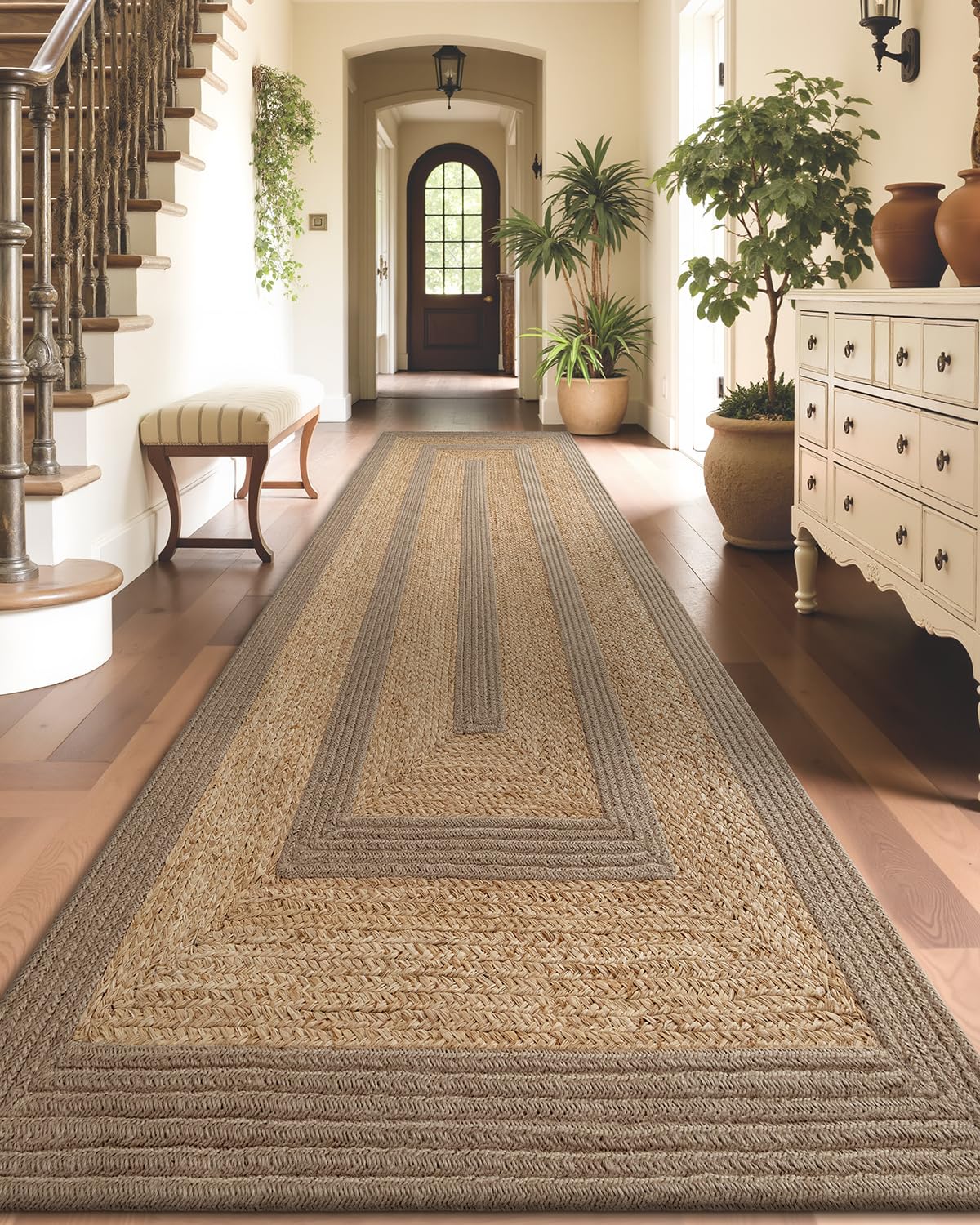LUMI 3x10 Jute and Raffia Braided Runner Rug for Hallway, Natural Rustic Carpet Non Slip, Area Mat Indoor High Traffic for Living Room, Entryway, Kitchen, Laundry