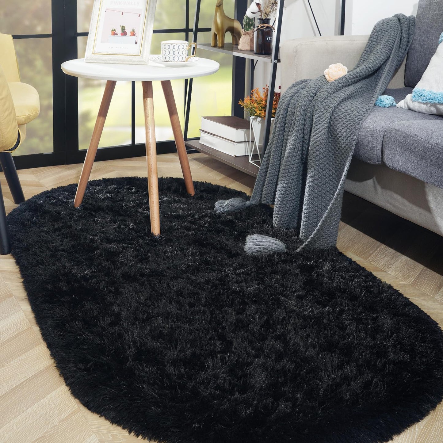ISEAU Oval Fluffy Rug Carpets, Modern Plush Shaggy Area Rugs for Kids Bedroom Extra Comfy Cute Nursery Mat Bedside Rug for Boys Girls Room Home Decor Mats, 2.6 x 5.3ft, Black