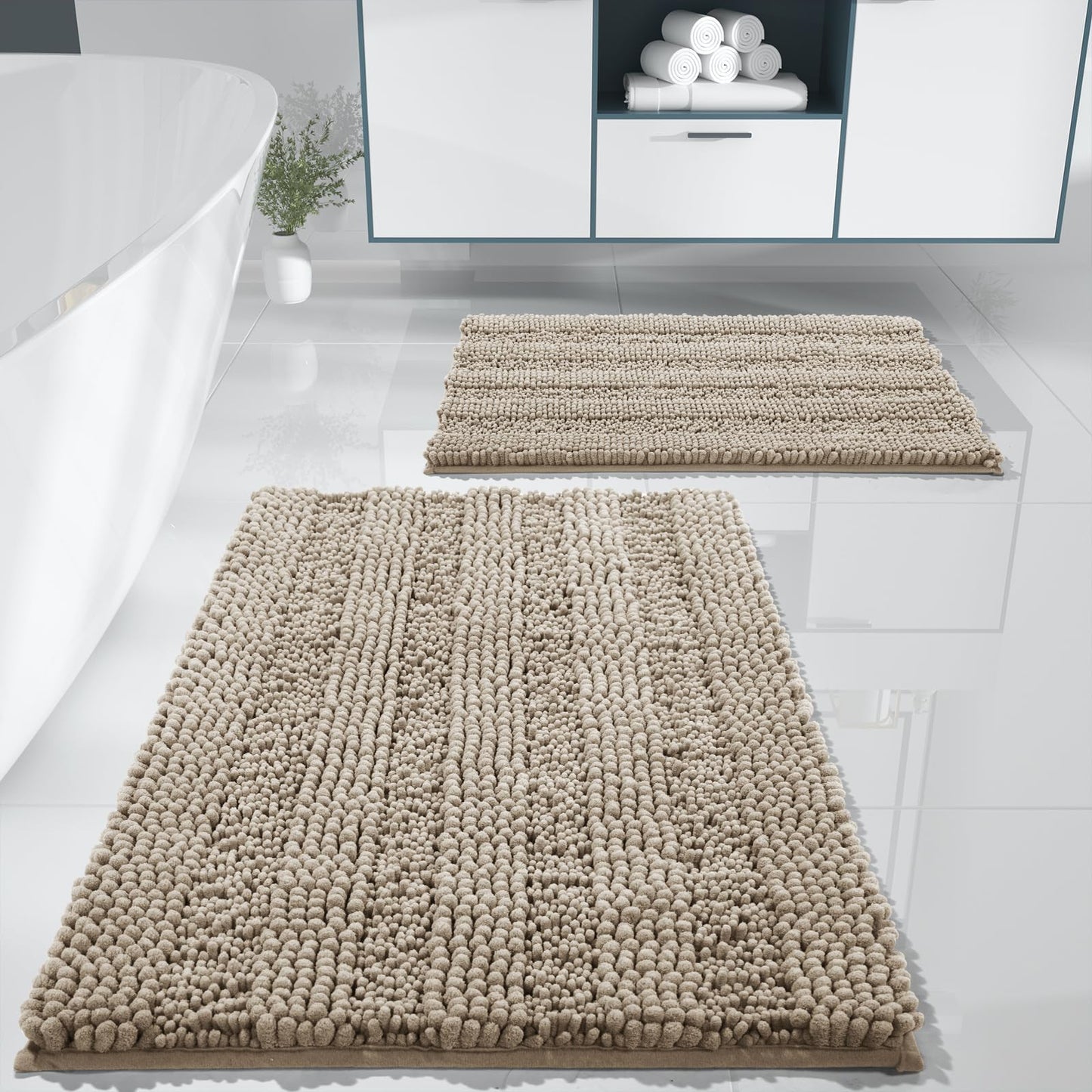 Yimobra Bathroom Rug Set 2 Piece, Soft Absorbent Chenille Bath Mat Set, Non Slip Machine Washable Quick Dry, Plush Shower Rugs for Bathroom Floor Sink Tub and Shower Outside, 32"x20"+24"x17", Camel