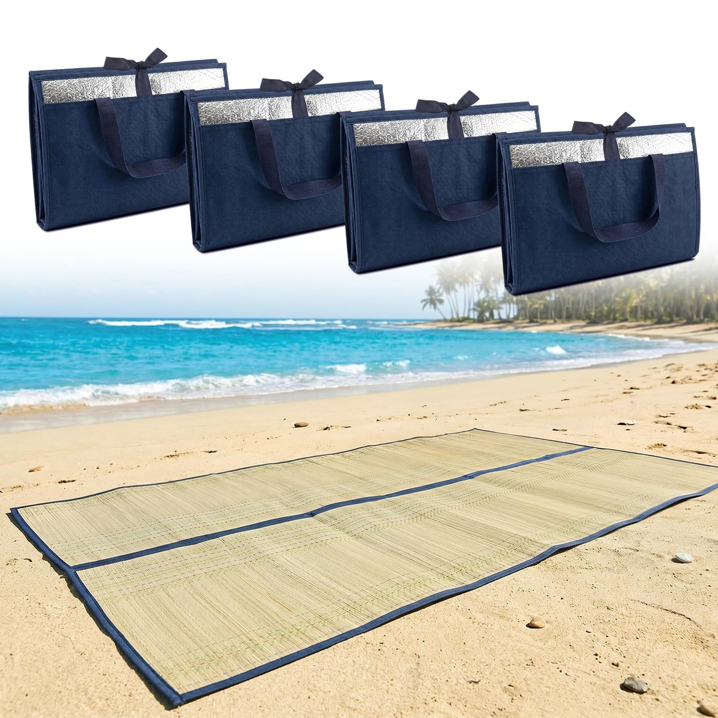 UCandy 4 Packs Natural Straw Beach Mat, 31.5" x 70" Waterproof Foldable Lightweight Picnic Mat with Trim for Camping Sunbathing Floor Yoga Outdoor Activities