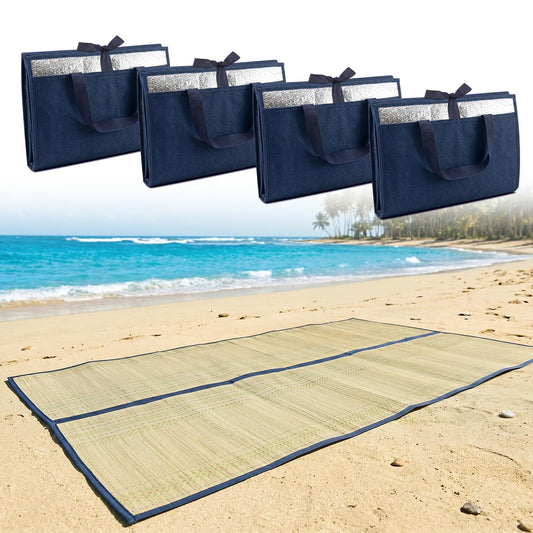 UCandy 4 Packs Natural Straw Beach Mat, 31.5" x 70" Waterproof Foldable Lightweight Picnic Mat with Trim for Camping Sunbathing Floor Yoga Outdoor Activities