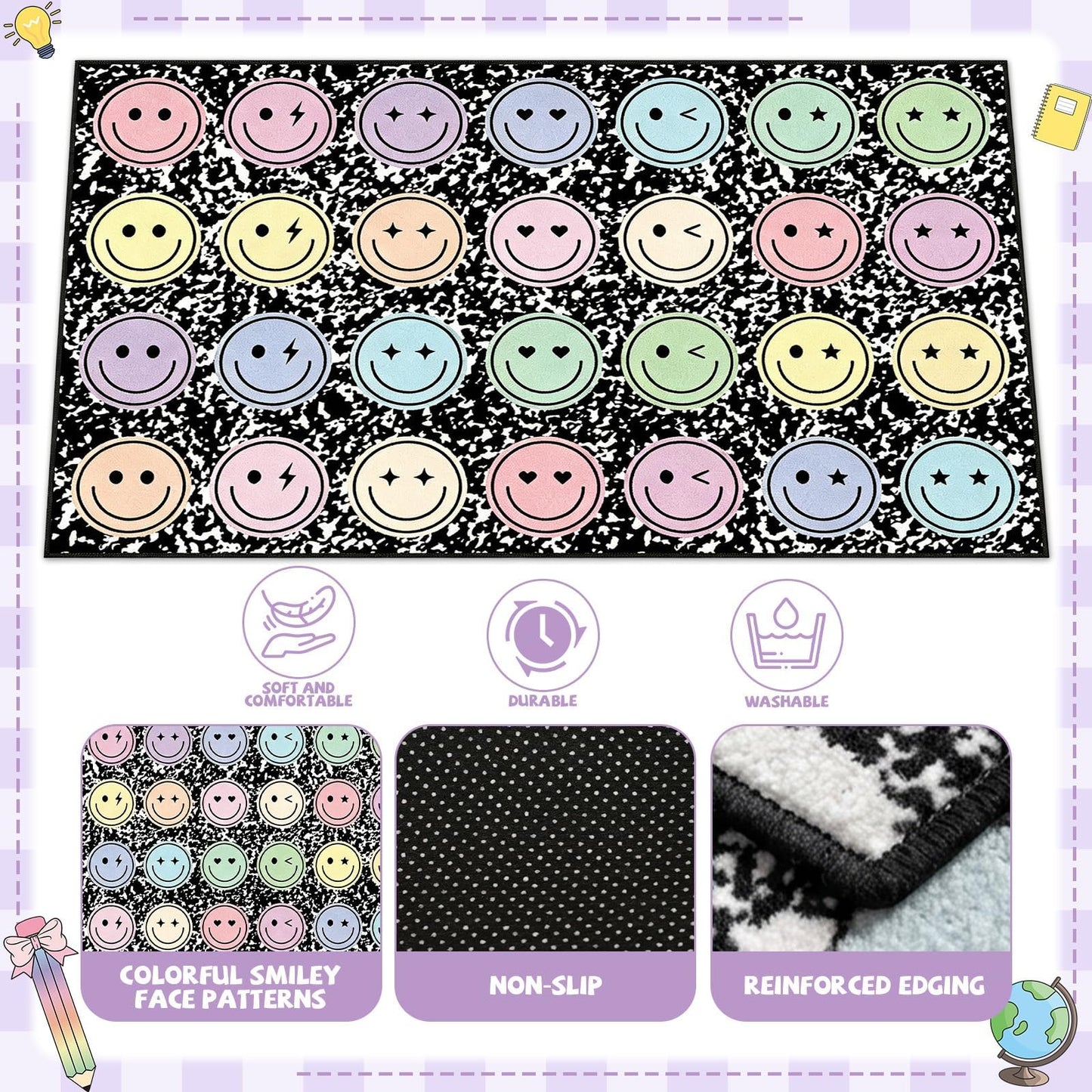 7.6x12 ft Large Smile Face Classroom Rug Happy Face Educational Area Mat Composition Notebook Play Carpet Back to School Learning Mat for Preschool Playroom Nursery Kindergarten(Black and White)