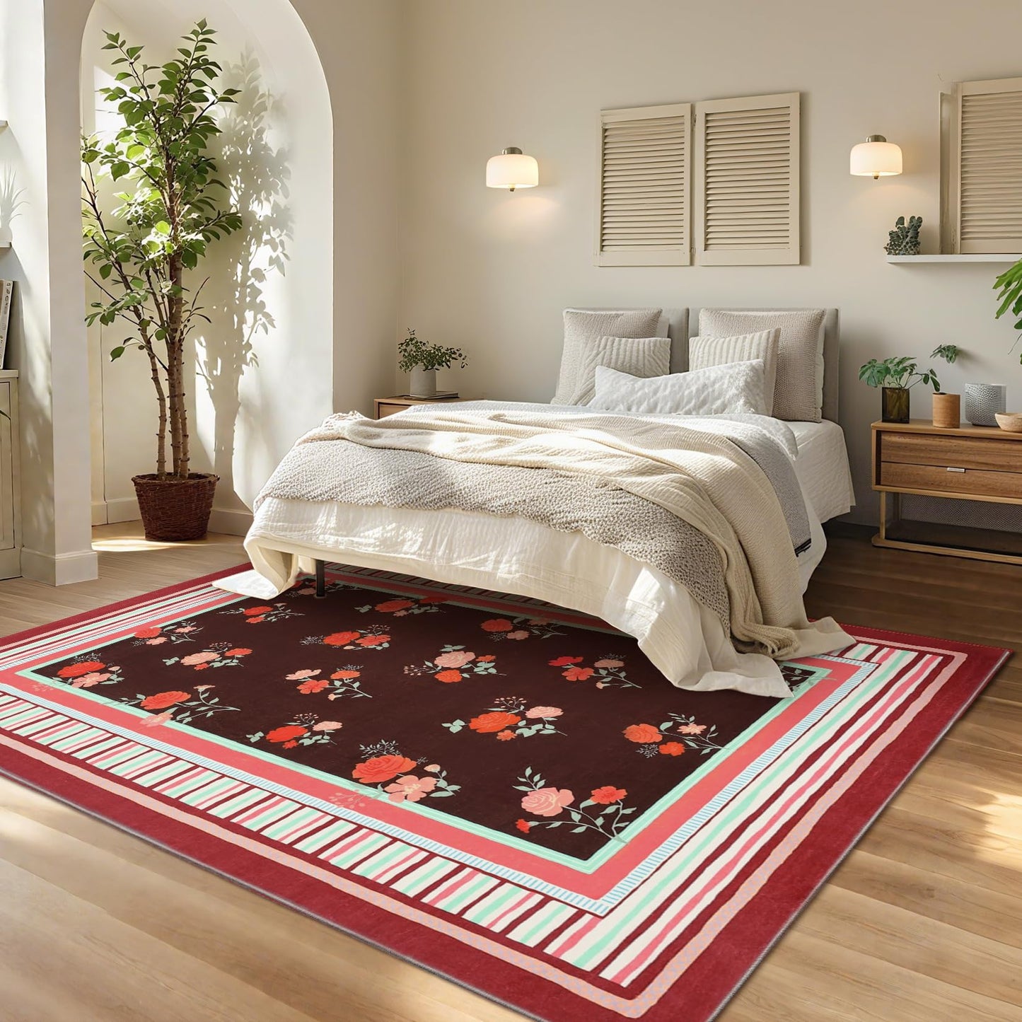 GarveeHome Red 8x10 Area Rug, Vintage Floral Design, Machine Washable Rug Low Pile, Lightweight Non Slip, Soft Carpet for Living Room Bedroom Dining Room Nursery