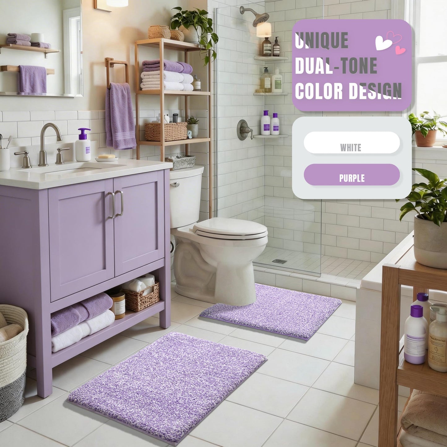 Yimobra Cushioned Anti-Fatigue Bathroom Rug, Bath Mat Non Slip Washable, Dense Soft Microfiber for Bathroom Sink, Shower, Tired Feet Comfort, Absorbent, 24" X 17", Purple and White