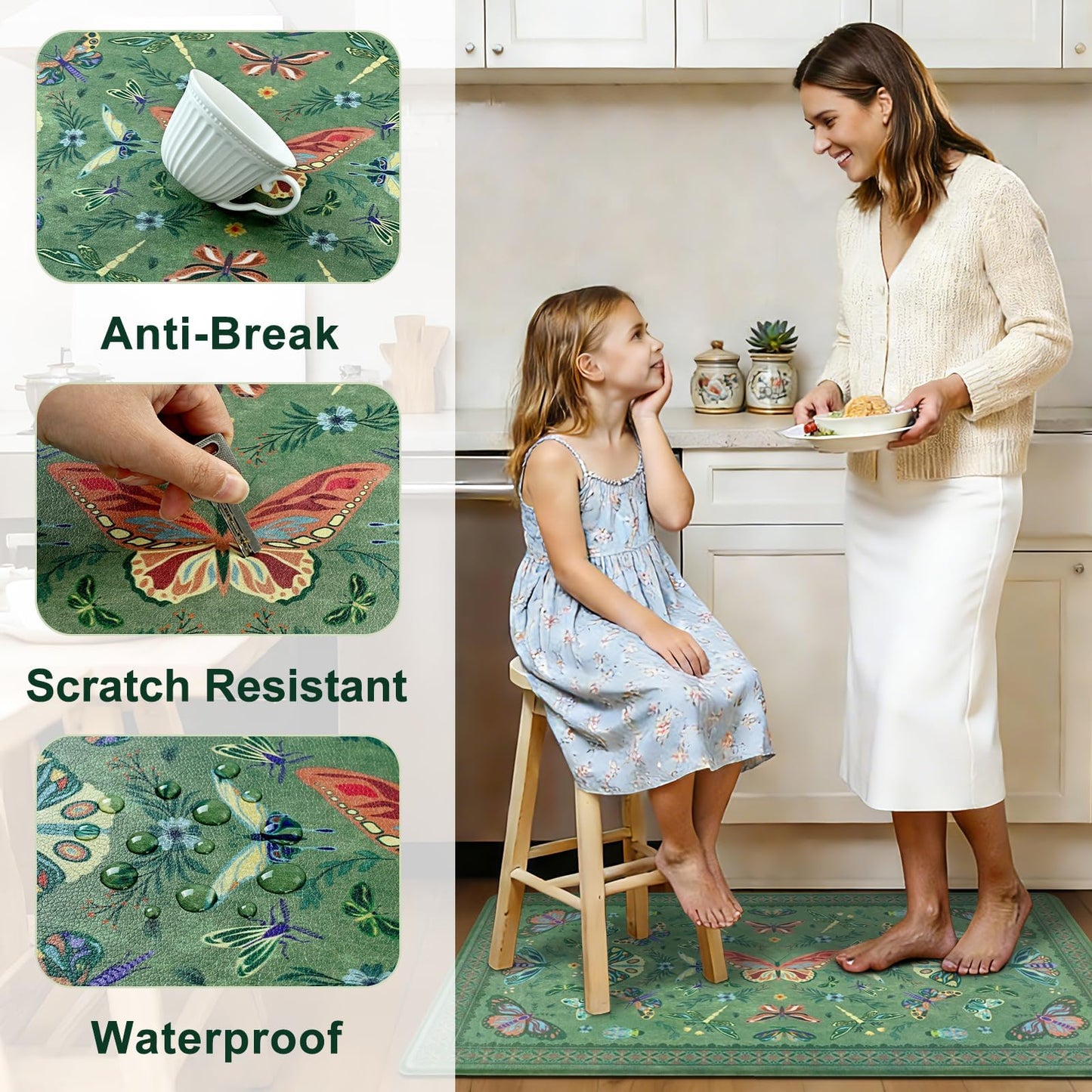 Yinhua Kitchen Rugs Sets of 2, Green Insect Kitchen Rugs Non Slip Washable, Farmhouse Anti Fatigue Mats for Kitchen Floor, PVC Waterproof Rug for Spring Summer, 18"x30"+18"x48"