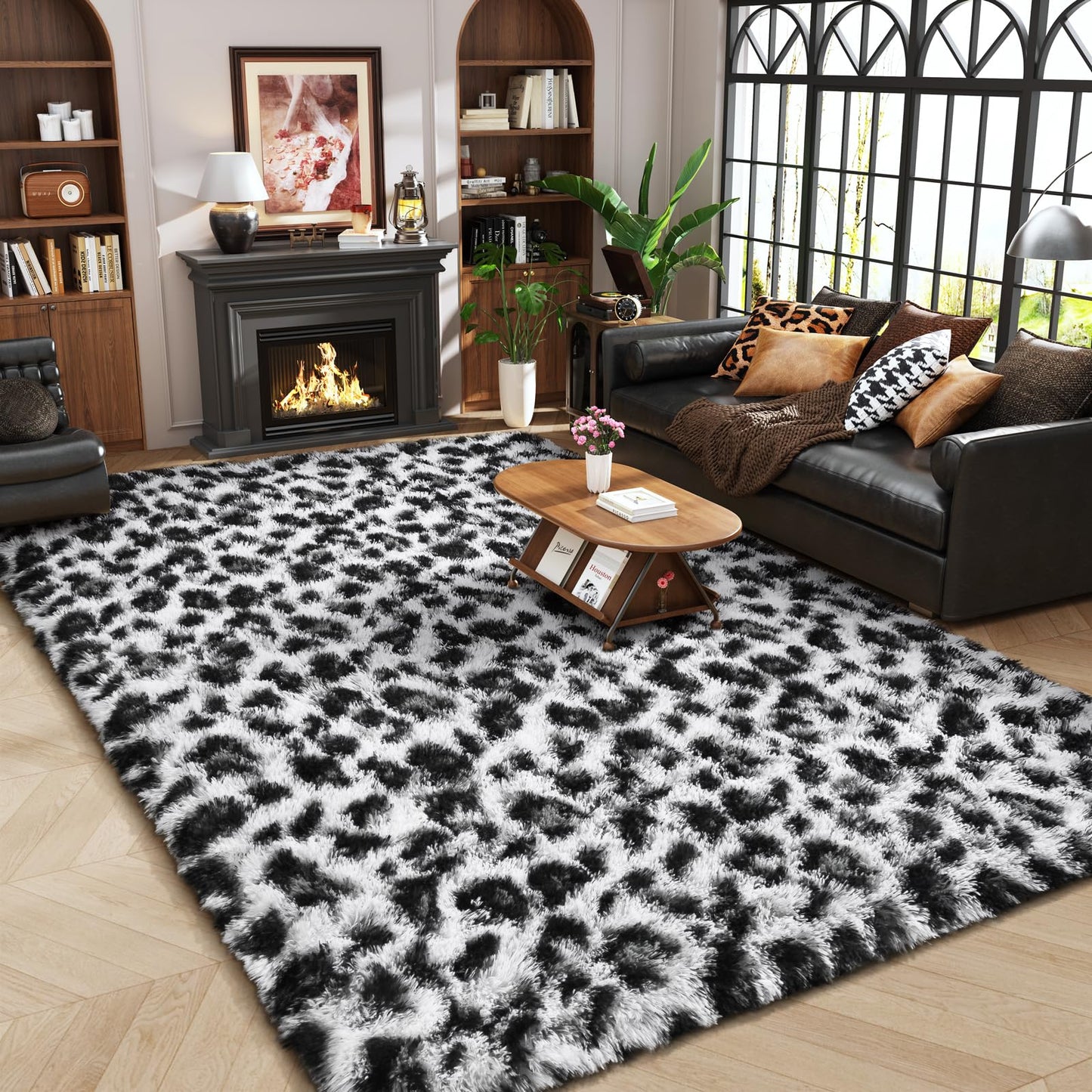 Amearea Fluffy Leopard Print Rug, Modern Shag Cheetah Rugs Home Decor for Teen Girls, Soft Comfy Faux Fur Animal Rug for Bedroom, Living Room, Plush Cheetah Print 70s Decor, White and Black 3x5 Feet