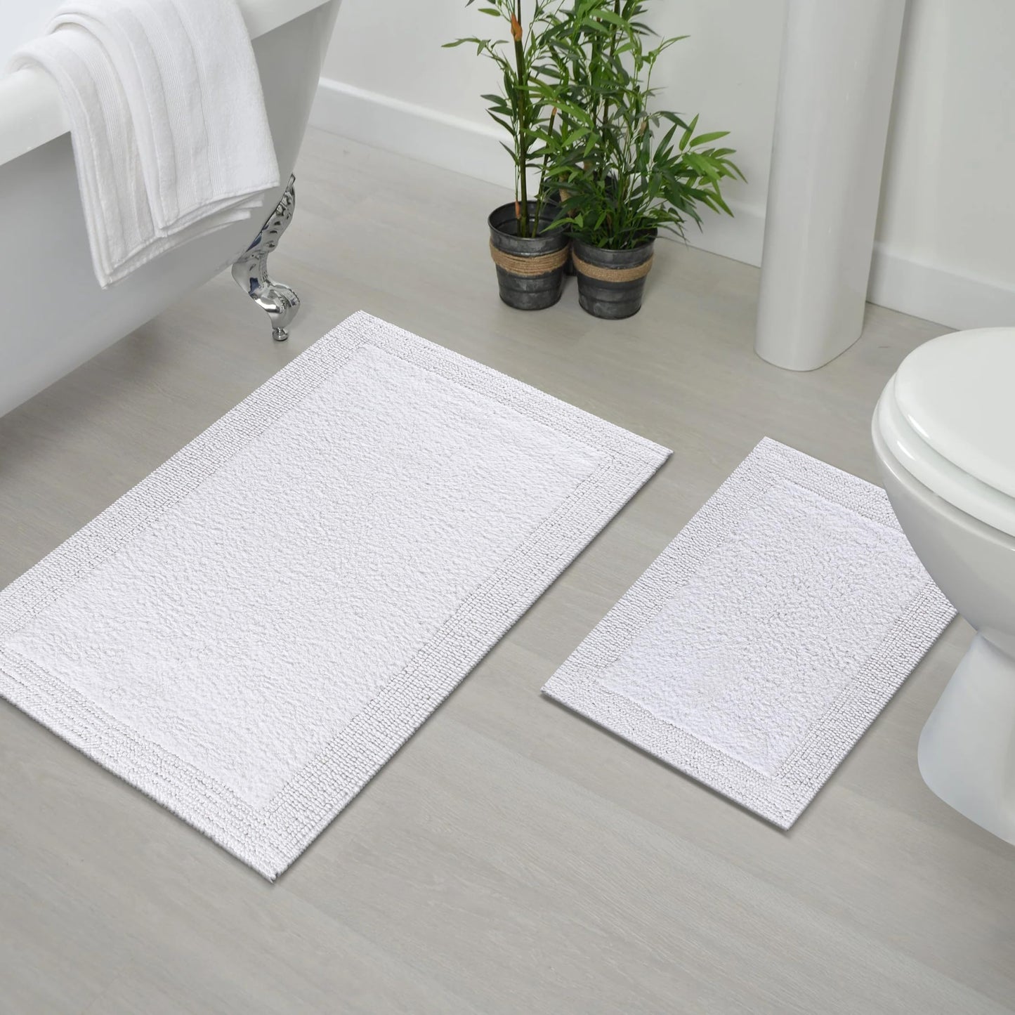 Bedding Craft Cotton Bathroom Mat Set, Reversible Water Absorbent Bath Mat Rug, Machine Washable, 2 Pieces (17x24 + 21x34)