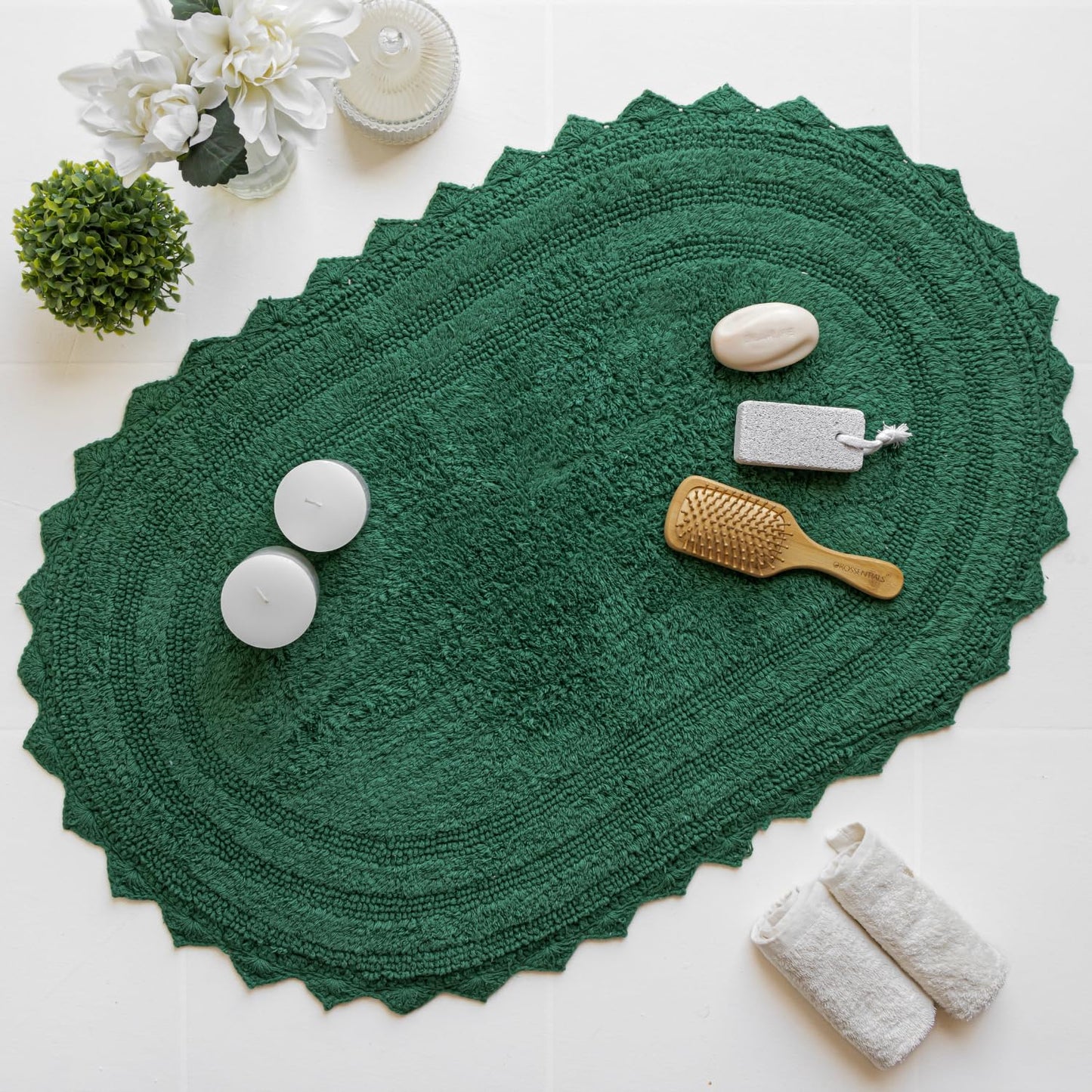 RAJRANG Foliage Green Oval Cotton Bathroom Rug – 34x21 Inch Reversible Crochet Bathroom Rug – Soft, Absorbent, Handmade Boho Rug for Spa, Kitchen, or Entryway