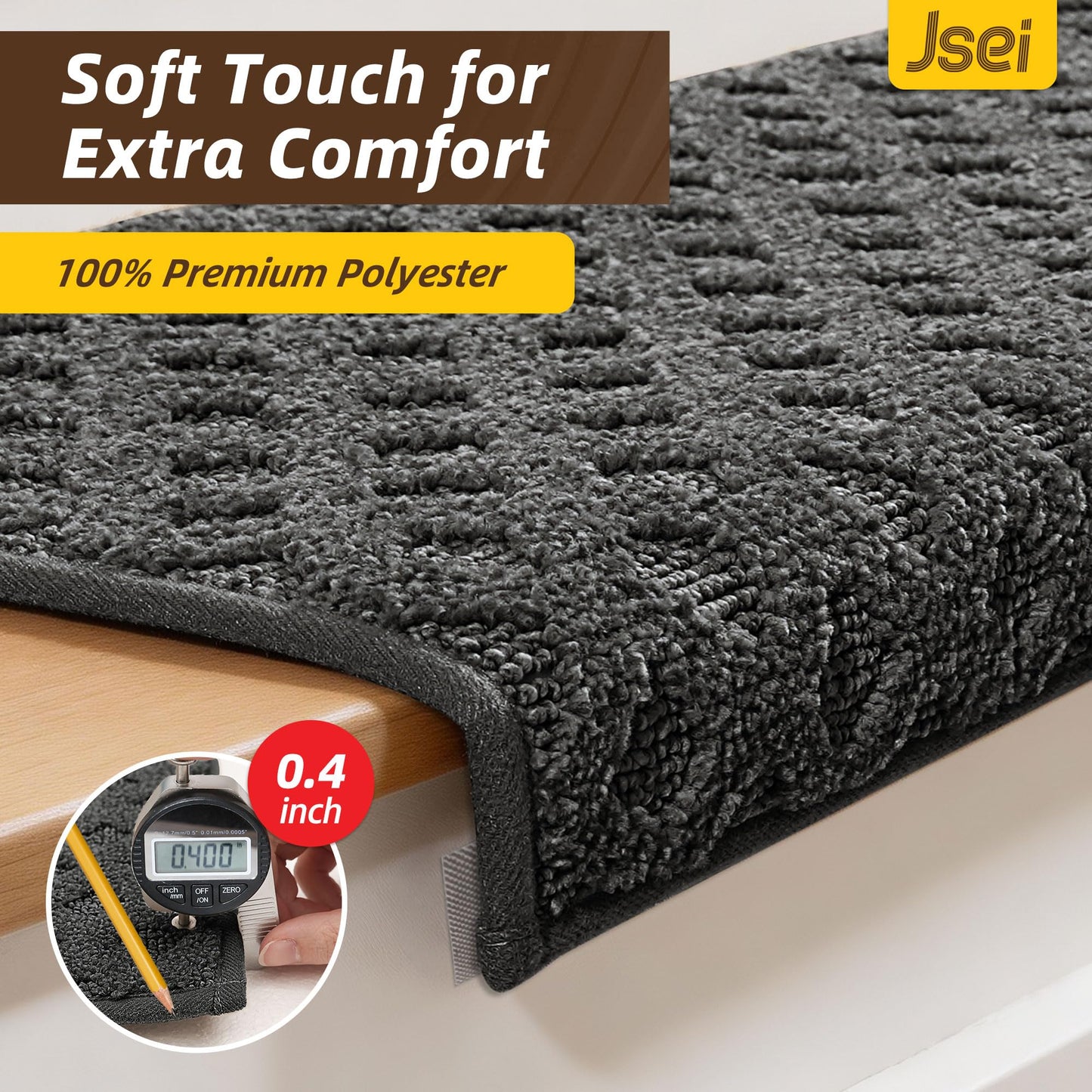 JSEI Bullnose Carpet Stair Treads, 14 Pcs Non Slip Stair Treads for Wooden Steps Indoor with TPE Backing, 11" x 30" Machine Washable Stair Runners with Edge Protection for Kids and Elders, Dark Grey