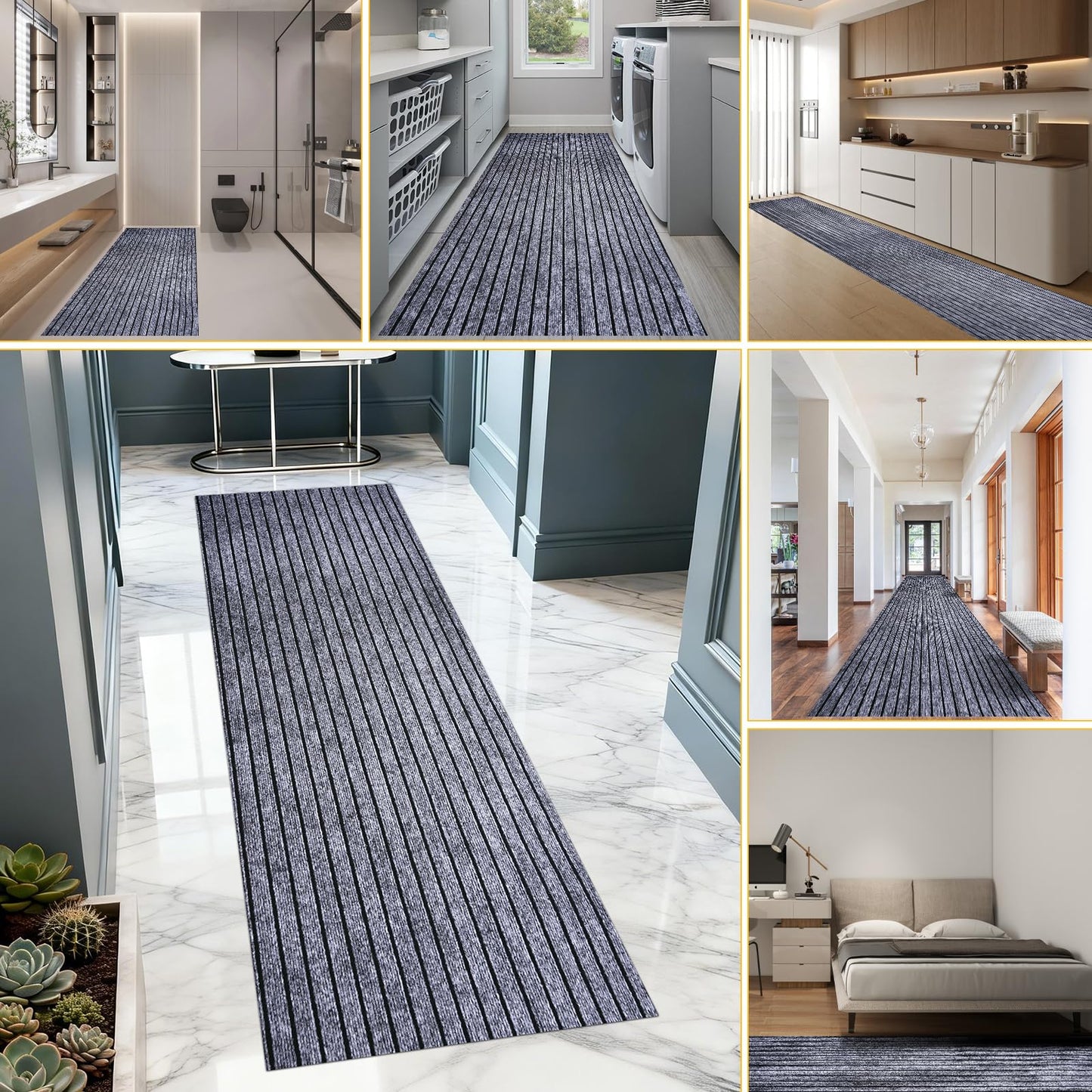 Extra Long 3x15 ft Runner Rug for Hallway, Non-Slip Indoor Outdoor Carpet with TPR Backing, Durable Waterproof Mat for Kitchen, Patio, Balcony, Garage, Deck, Entryway, Stair, Grey Wide Stripes