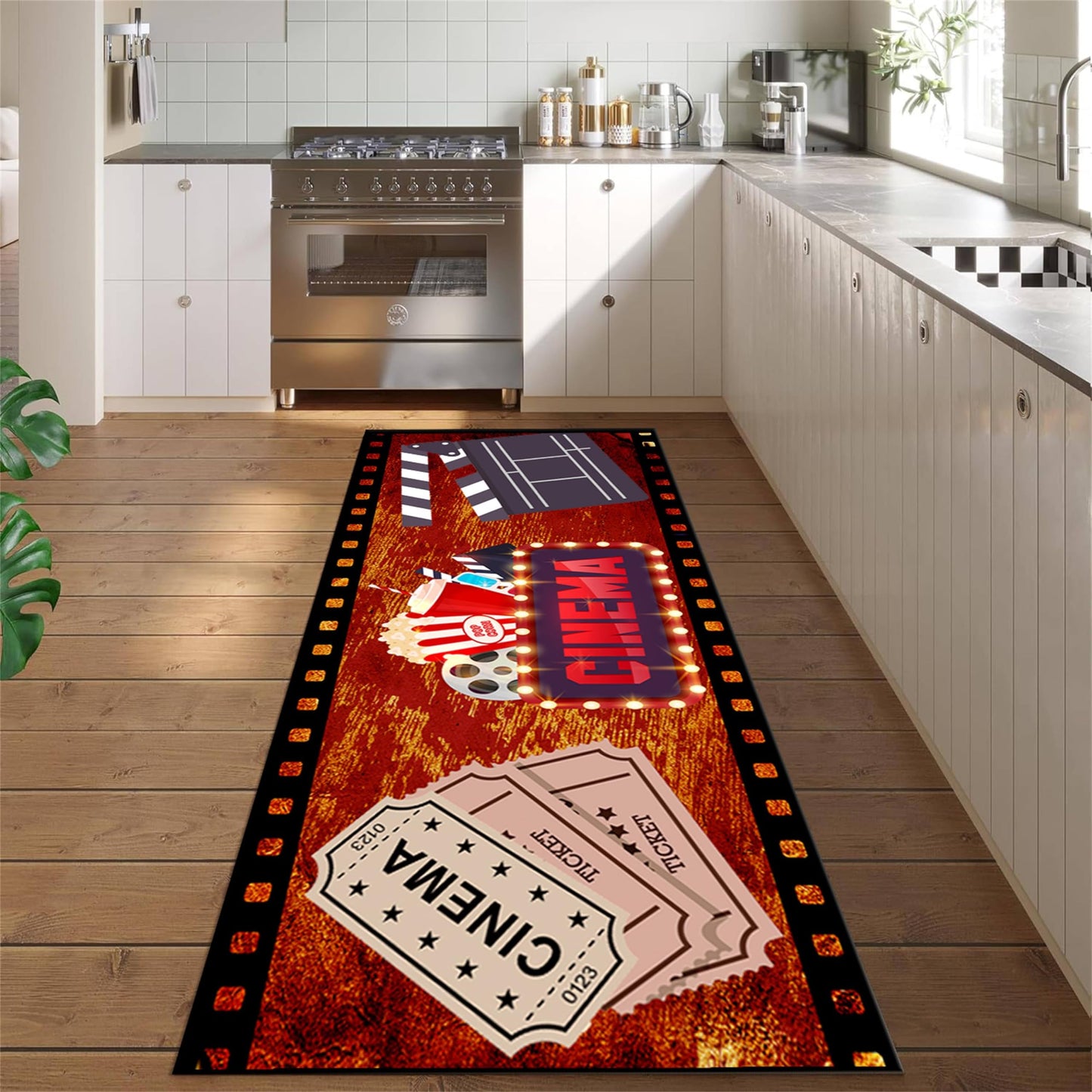 Srocvi Movie Time Long Rug Home Cinema Theatre Clapboard Ticket Popcorn Print Design Carpets for Living Room Retro Red Non-Skid Foldable Long Door Mats for Indoor Kids Bedroom Hallway Porch, 2x7ft