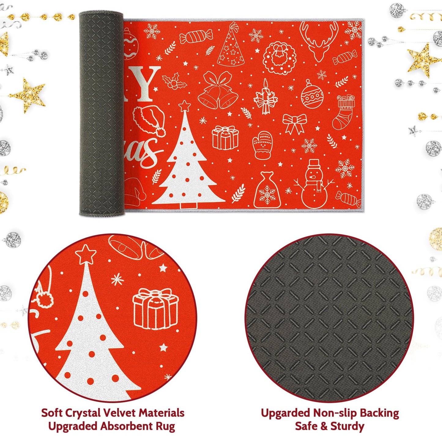2 Pieces Red Merry Christmas Kitchen Rugs Set, Non Slip Kitchen Floor Mat with Xmas Tree Snowflake Decor Christmas Kitchen Mats Home Low-profile Washable Rugs for Kitchen Bathroom Sink Laundry