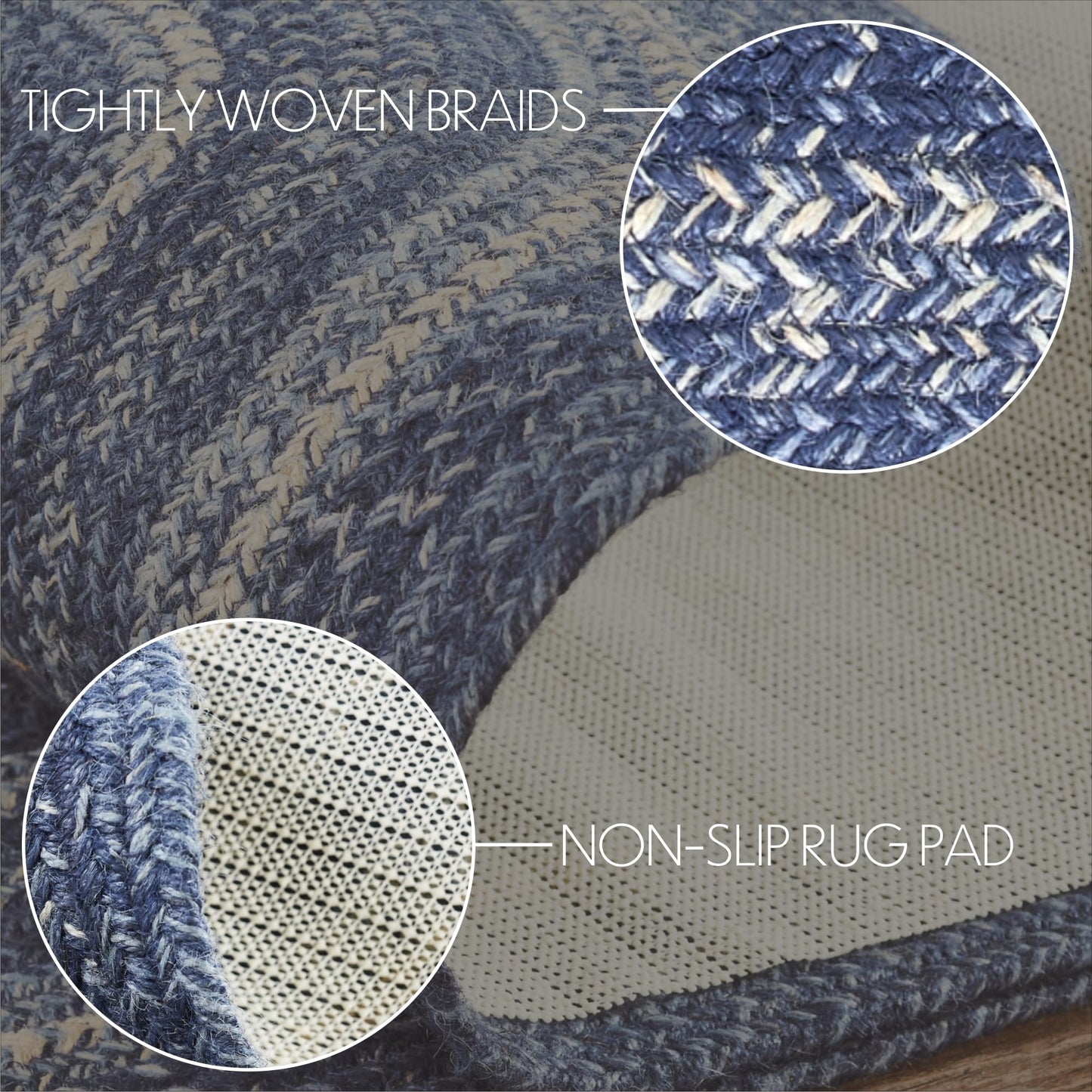 VHC Brands Great Falls Blue Rug with PVC Pad, Jute Blend, Oval, Blue White, 27x48 inches