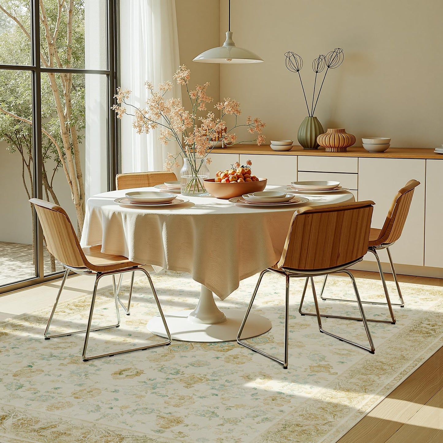 jinchan Washable Area Rug 6x9 for Living Room - Soft Thin Stain Resistant Non Slip Distressed Spring Floral Large Carpet for Bedroom Dining Room Home Office Nursery(Yellow Green/Teal, 6'x9')