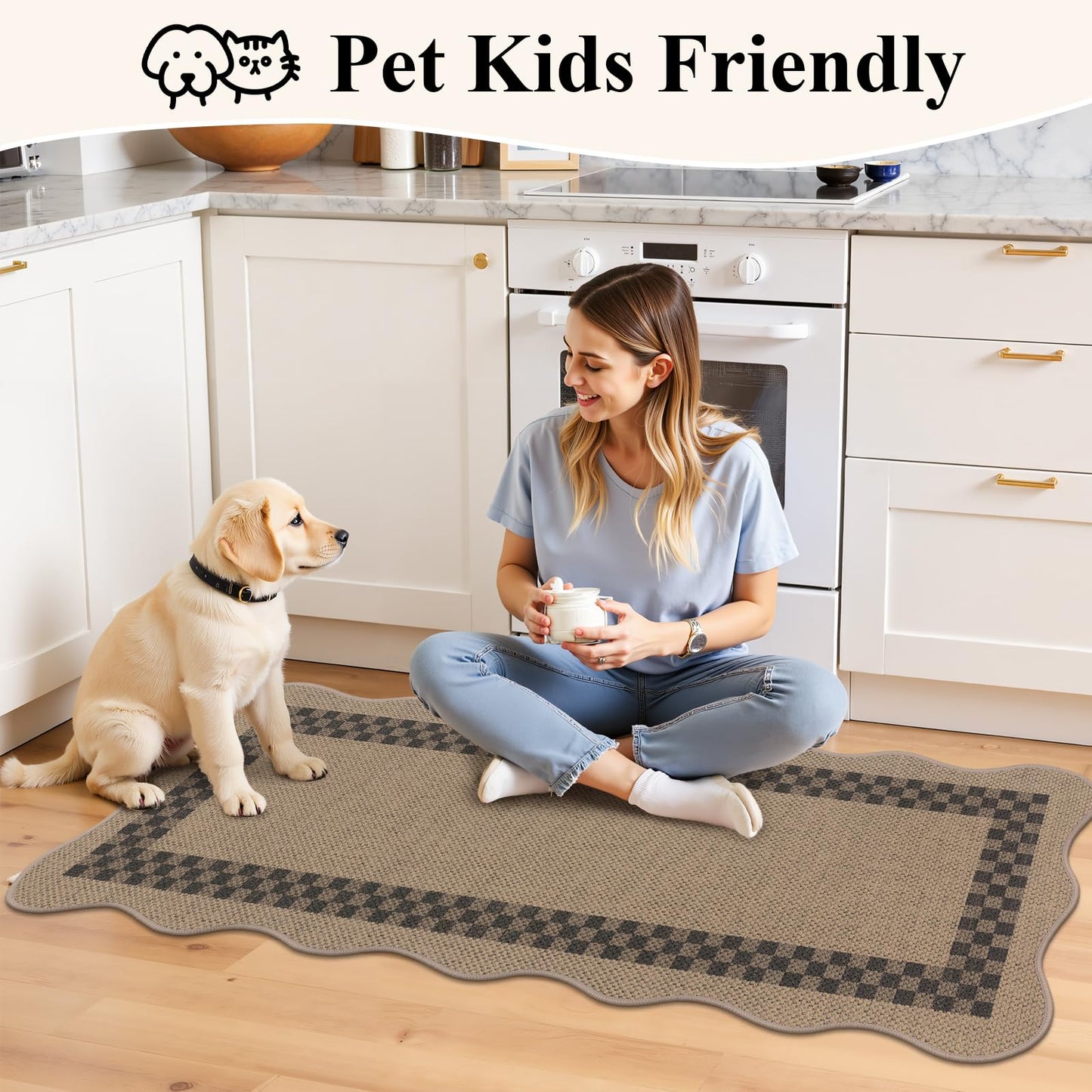 U'Artlines Non-Slip Scalloped Kitchen Rugs Set 3 PCS, 20"x32"+ 20"x48"+20"x59" Washable Low Profile Easy Jute Kitchen Floor Mats Runner Set for Sink Hallway Entryway Laundry Decor(Checked)