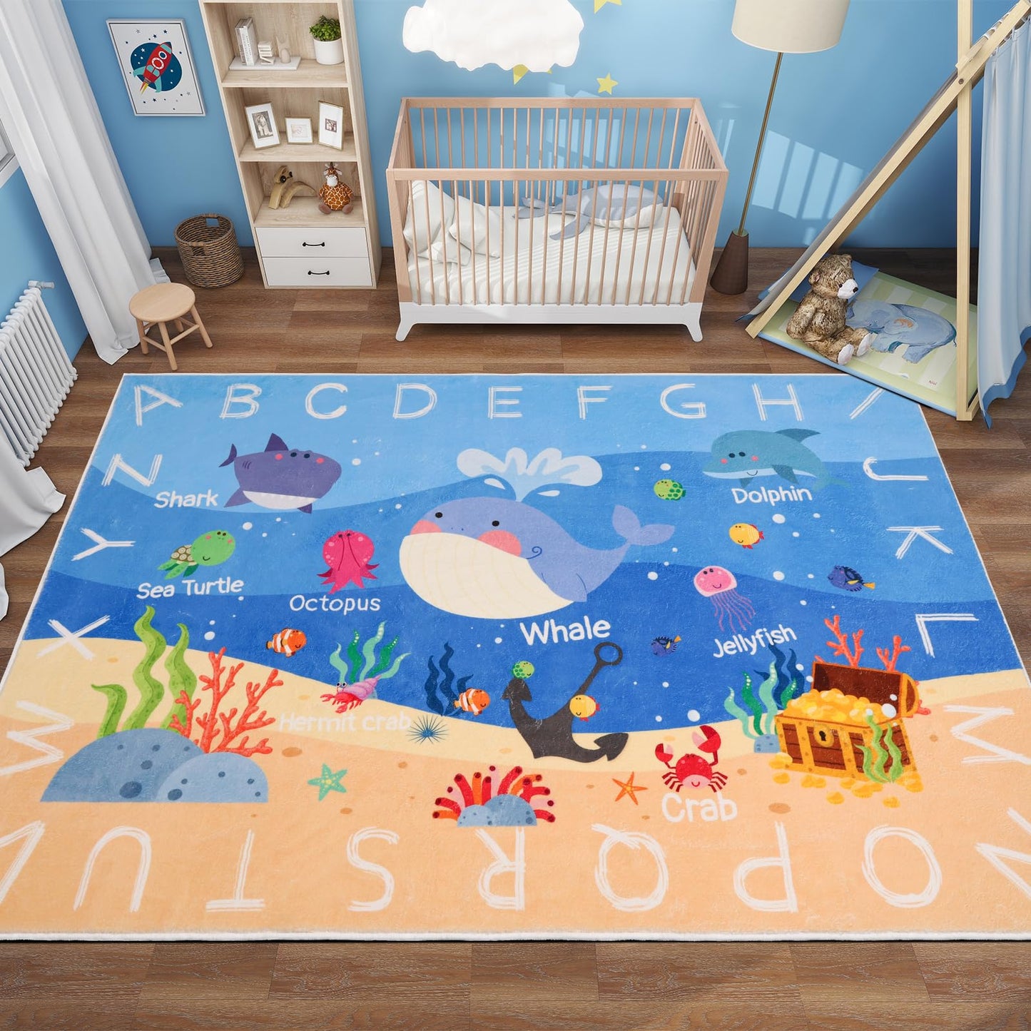 AKASISRUG Kids Rugs for Playroom,3'3" x 4'11" ABC Alphabet Whale Kids Rug,Non-Slip Ocean Kid Rug Play Mat,Washable Educational Classroom Rug Kids Area Carpet for Kids Room Playroom(for Age 2+)