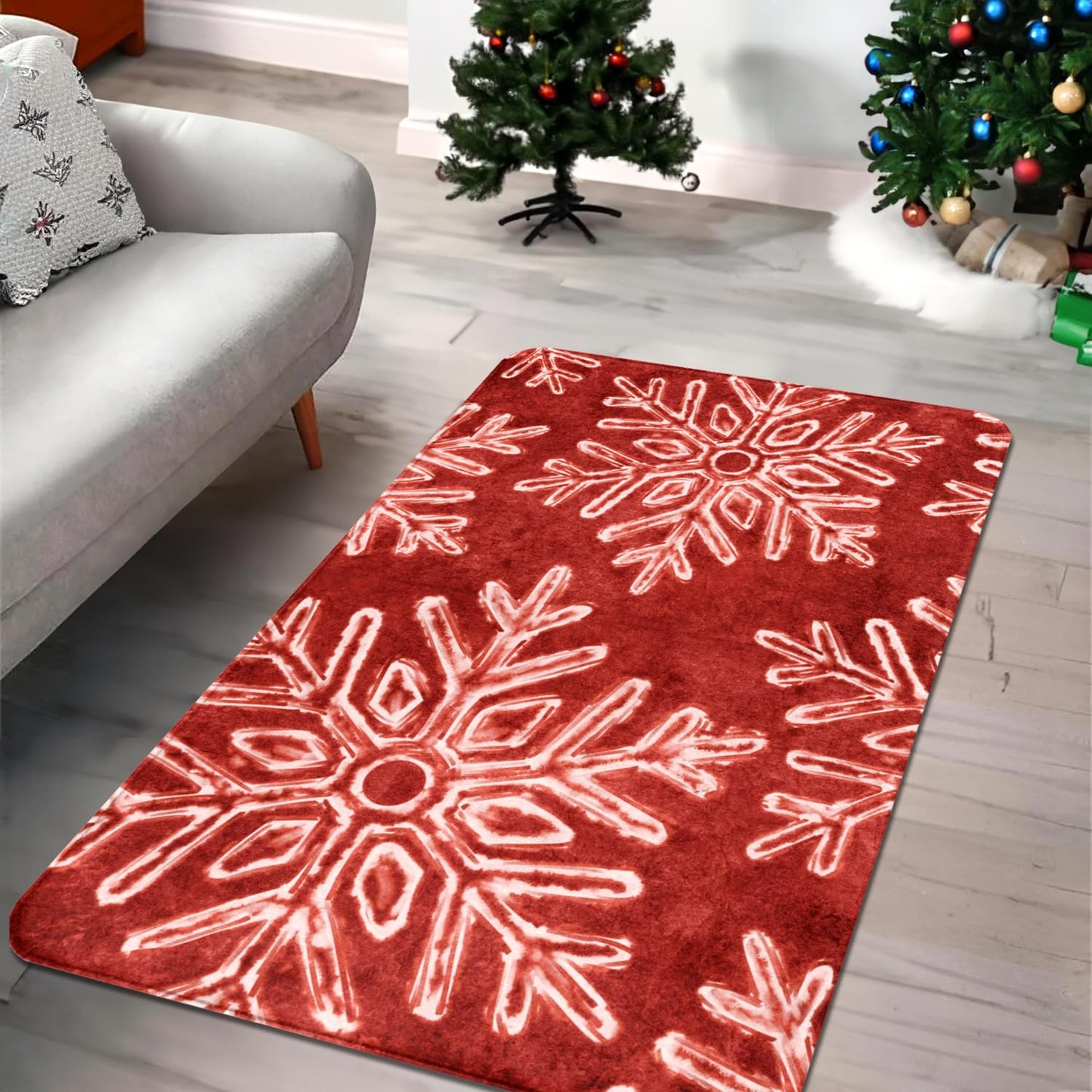 Christmas Area Rug Snowflake Winter Area Rugs Christmas Decorative Rug Xmas Throw Carpet Washable Non Slip Holiday Rug for Entryway Bedroom Living Room Laundry Room Indoor Red 3 x 5 FT