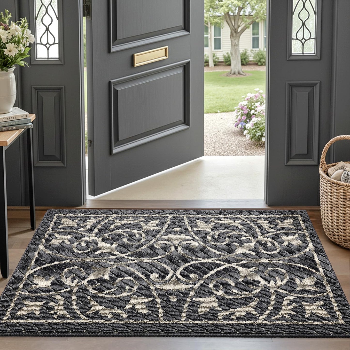 DEXI Front Door Mat Indoor Entryway, Inside Welcome Entrance Doormat Low Profile Thin, Non Slip Washable Entry Mats for House Floor Dirt Trapper, 24x36, Dark Gray
