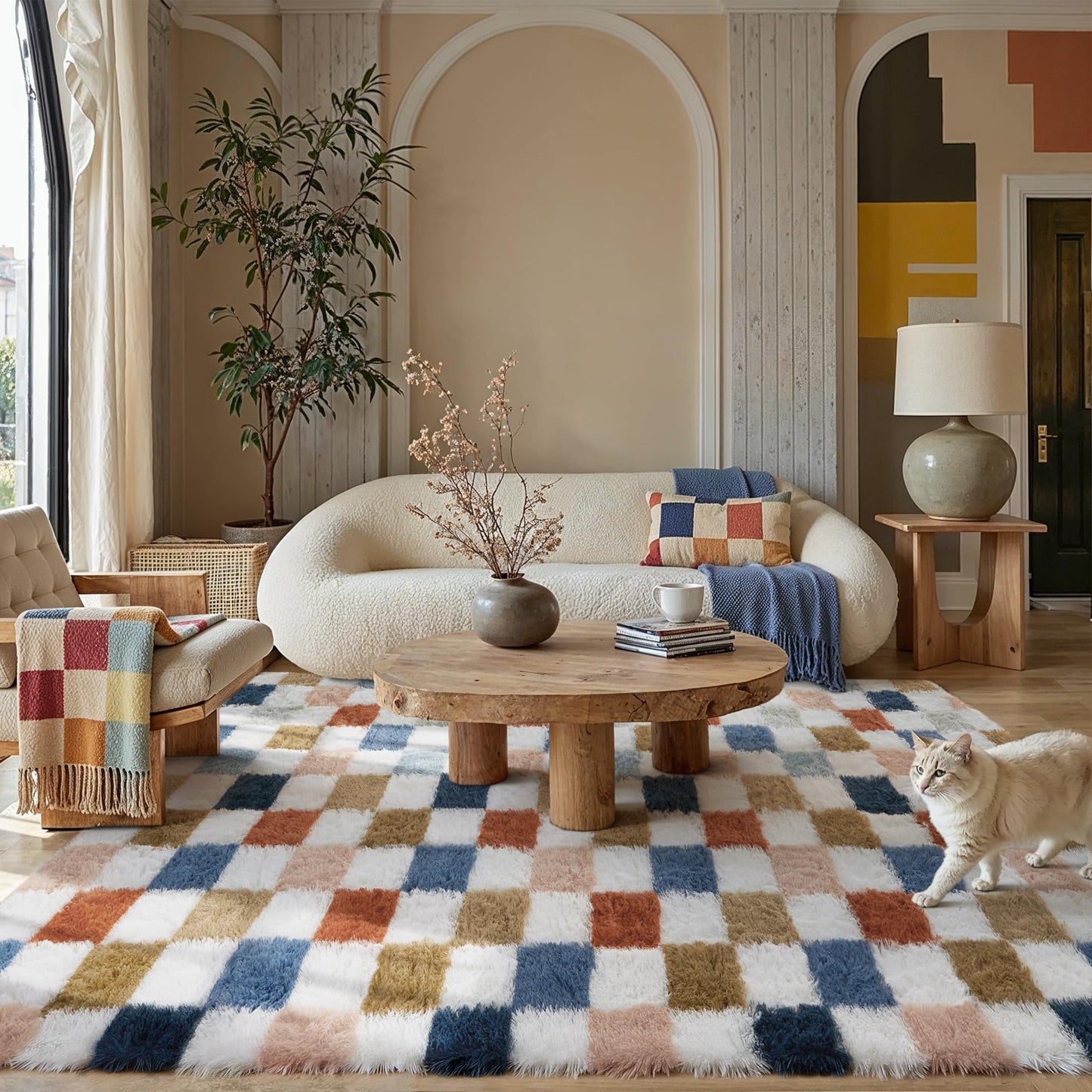 PureCozy Checkered Rug 8x10 for Living Room, Modern Rainbow Shag Rug Washable Non-Slip Large Area Rug Super Soft Indoor Fuzzy Carpet Fluffy Rugs for Bedroom Home Aesthetic Decor