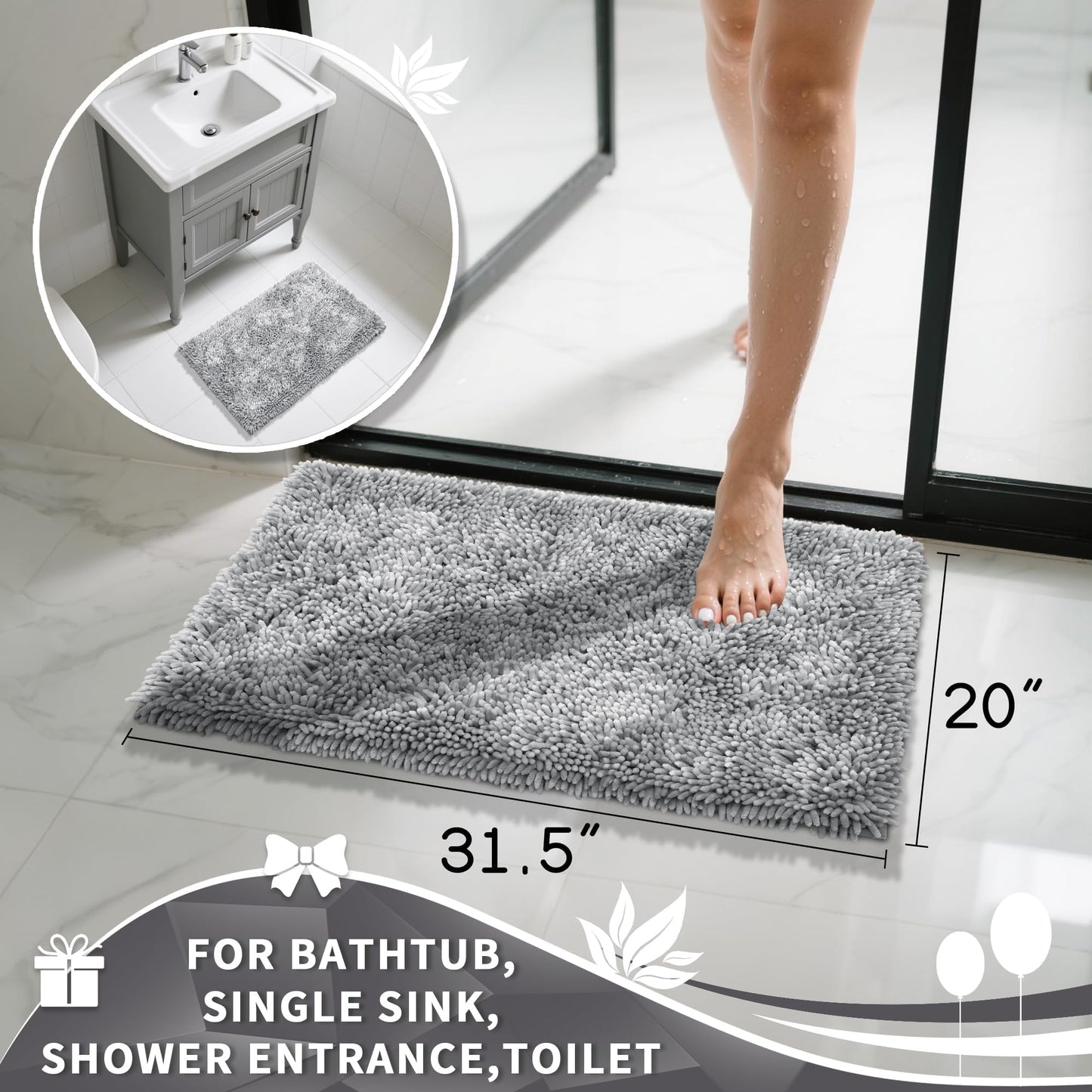 Yimobra Chenille Bathroom Rugs Non Slip, Extra Thick Soft Absorbent Bath Rug 31.5x20 Inch, Machine Washable Quick Dry Bath Mat for Bathroom Floor, Tub and Shower, Home Decor Accessories, Light Grey