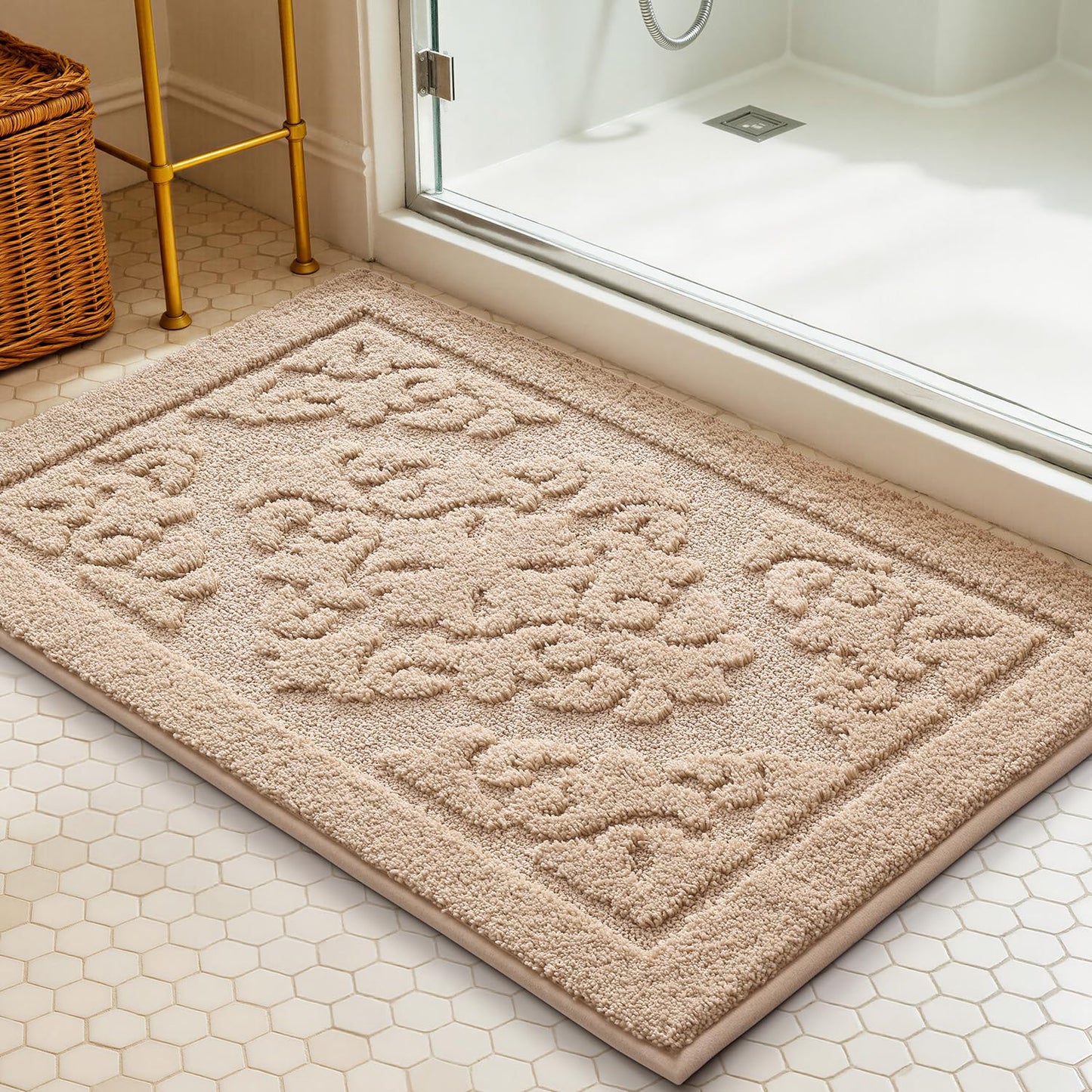 LUMI Ultra Absorbent Bathroom Rug Non Slip Rubber Backing, Machine Washable Bath Mat Soft Premium Microfiber, Elegant Floral Bath Rugs Quick Dry for Bathtub and Shower Floor, Decor, 24x36