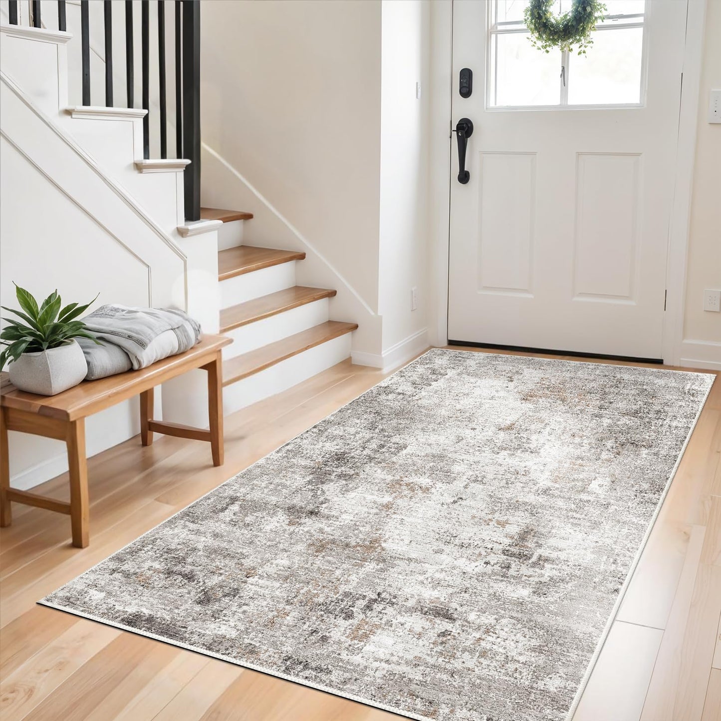 4x6 Washable Entryway Rug – Non-Slip Low-Pile Small Area Rug for Kitchen Bedroom Living Room Office – Modern Abstract Neutral Throw Carpet with Rubber Backing (Beige, Grey)