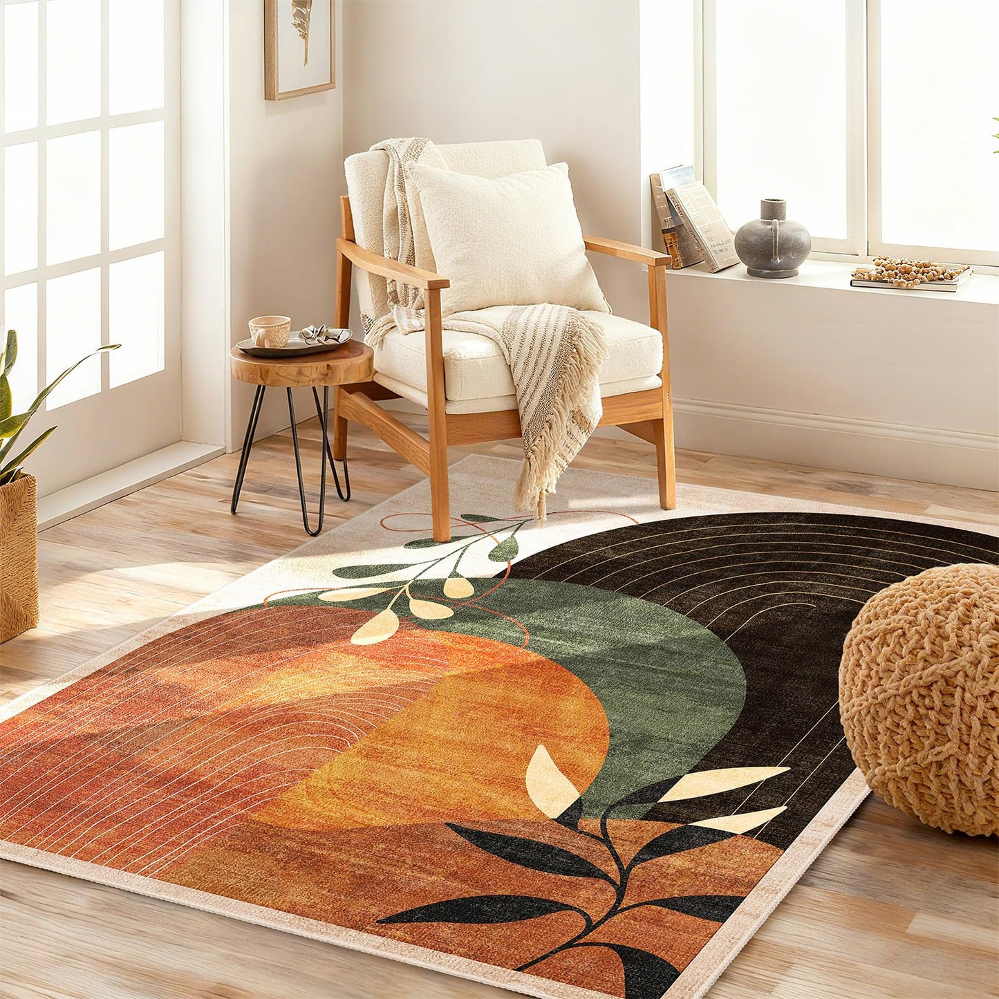 MUJOO 3x5 Washable Rugs Boho Area Rug Low Pile Non Slip Mid Century Modern