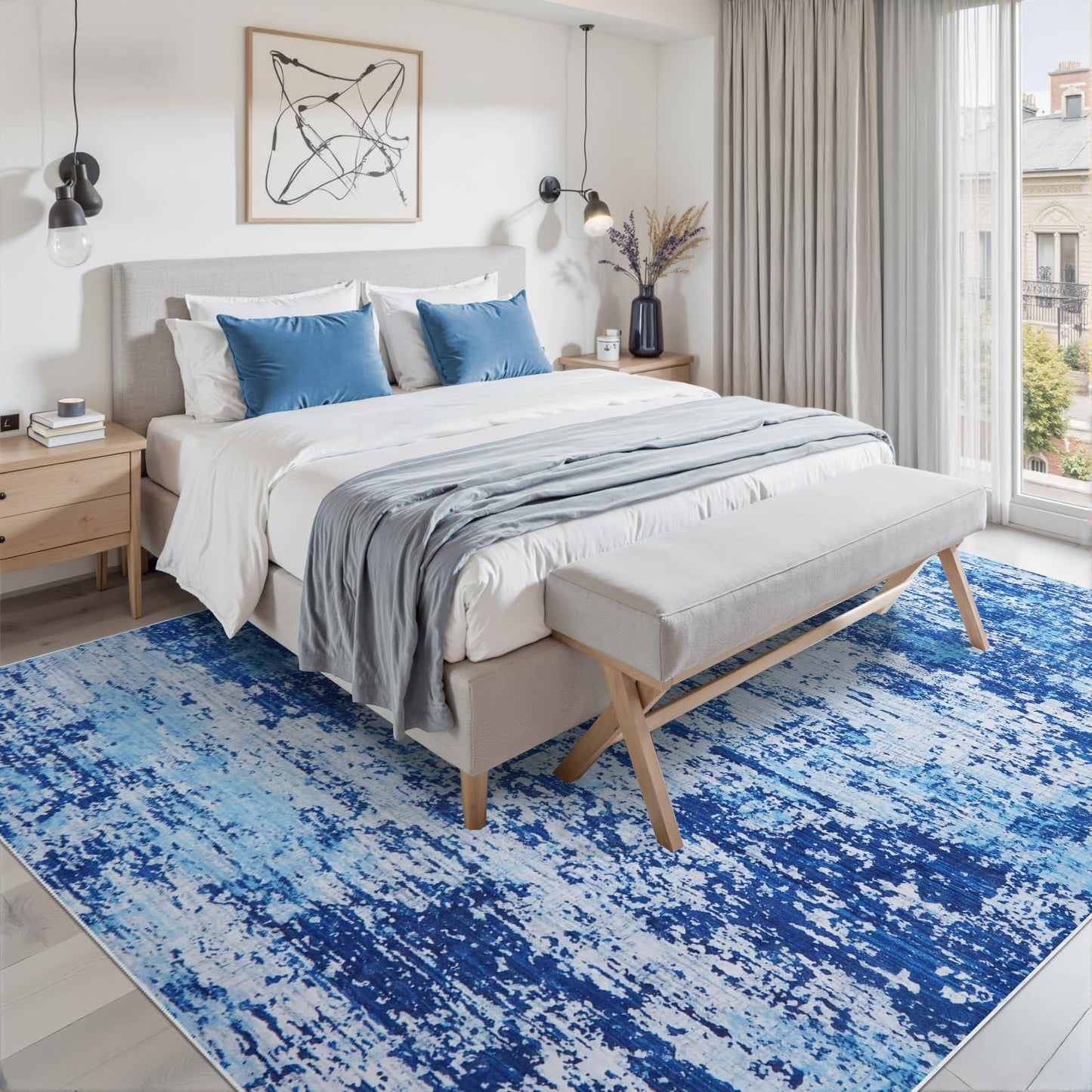 LWYYQB 5x7 Washable Modern Abstract Area Rug: Soft Non-Slip Stain Resistant Indoor Floor Carpet for Living Room Bedroom Dining Room Home Office - Blue