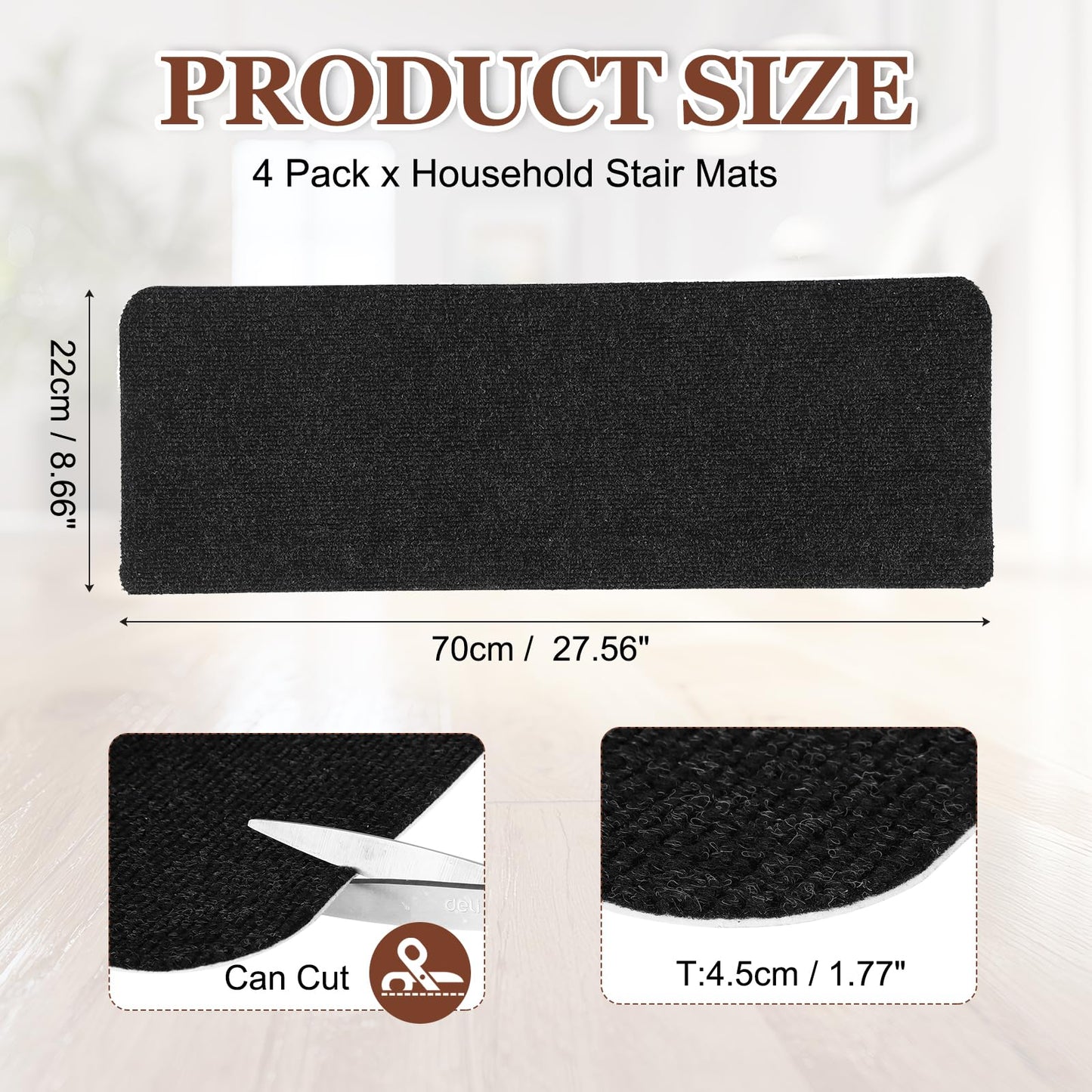 PATIKIL 4 Pack Household Stair Mats, 27.6 x 8.6 Carpet Stair Treads Cuttable Indoor Non-Slip Mat Self-Adhesive Floor Mats for Elders and Pets, Black