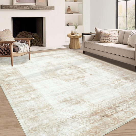 Aoyaomi Vintage Living Room Area Rug - 5x7 Large Machine Washable Boho Moroccan Distressed Farmhouse Rugs for Bedroom - Soft Non-Slip Indoor Floor Accent Rugs for Office Dining Room (Beige, 5' x 7')