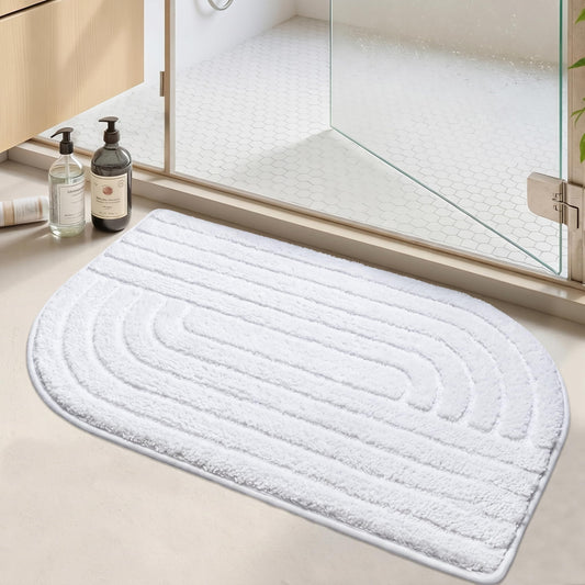 Cevolyn Microfiber Bath Mat, Ultra Soft Plush Non Slip Absorbent Bath Mat, Neutral Aesthetic Modern Half Oval Cute Bath Rugs for Bathroom Floor, Tub, Machine Washable, White, 20"x32"