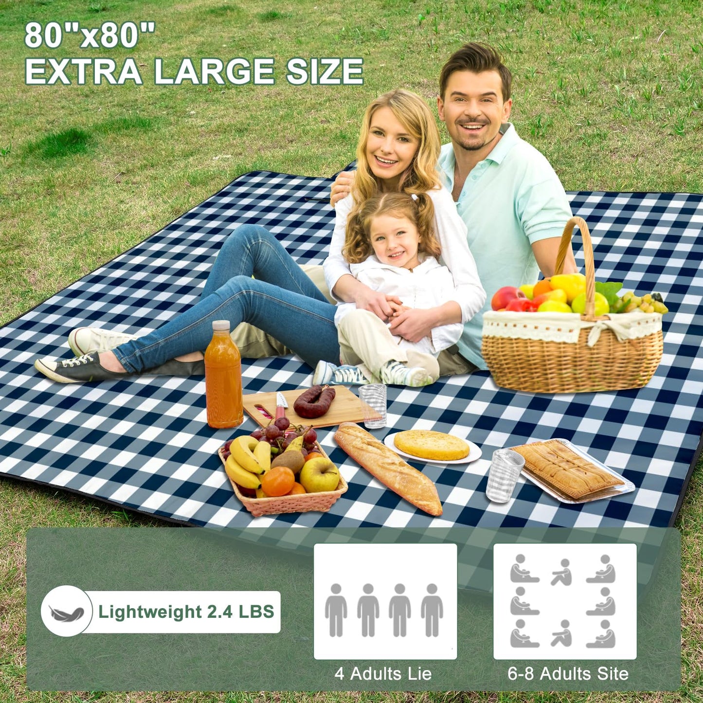 ZUBOND Large Picnic Blanket Outdoor Picnic Mat Waterproof Foldable 80''x80'', Beach Blanket Sandproof for LawnPark, Grass, Travel, Hiking, Camping Essentials, Vintage Gingham Picnic Blanket
