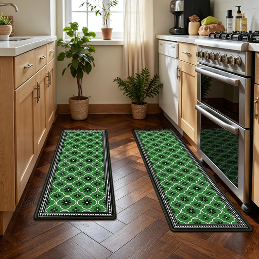 CHICNOOK Boho Floral Tile Kitchen Rug Set of 2, Thick Anti-Fatigue Non-Slip Decor Kitchen Mats, Green PVC Waterproof Floor Mats, Soft Comfort Runner Rug for Sink, Laundry, Front & Indoor Doors