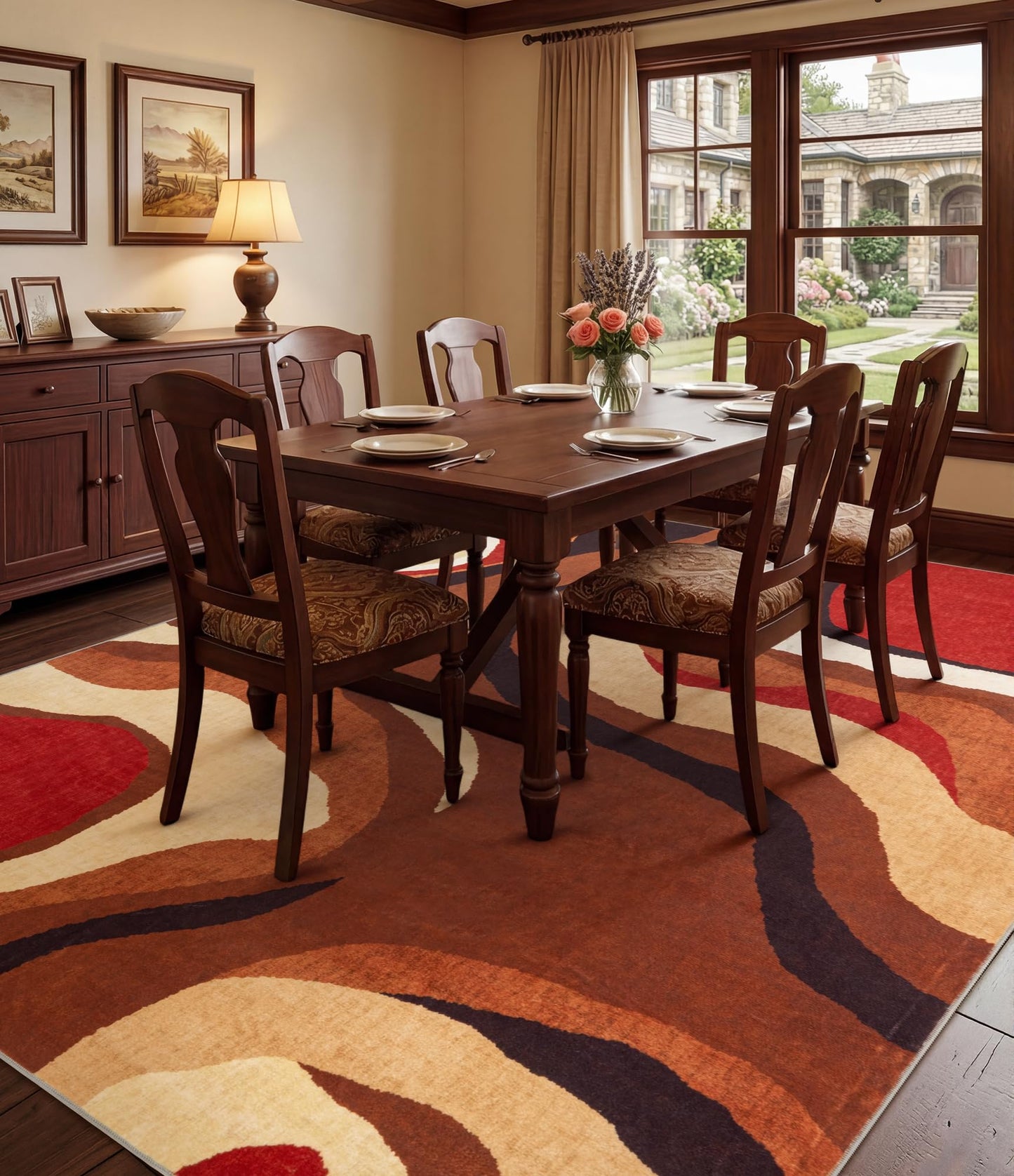 YIHOUSE Burnt Orange Rug 8x10 Washable,Alfombras para Salas,Farmhouse Brown Retro Carpets,Geometric Abstract Wavy Rug for Living Room,Unique Colorful Rugs for Bedroom,Dining Room