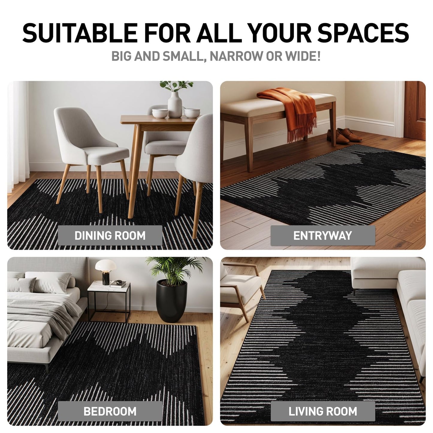 Rugshop Bohemian Stripe Stain Resistant High Traffic Living Room Kitchen Bedroom Dining Home Office Area Rug 3'3" x 5' Black
